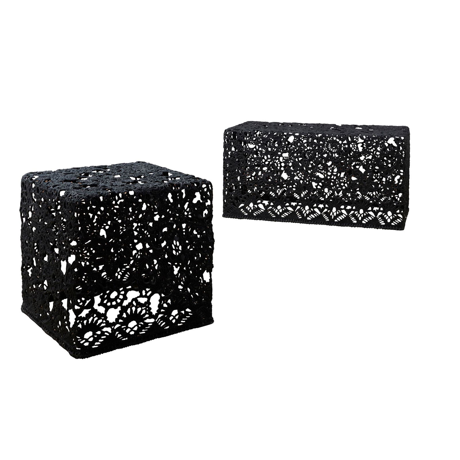 Marcel Wanders (Dutch 1963-) Two 'Crochet' Side Tables,: Marcel Wanders (Dutch 1963-) Two 'Crochet' Side Tables, designed 2001 cotton and epoxy, unique pieces (30cm x 60cm x 30cm and 30cm x 30cm x 30cm) Qty: (2) Footnote: Designer and art director Marcel Wa