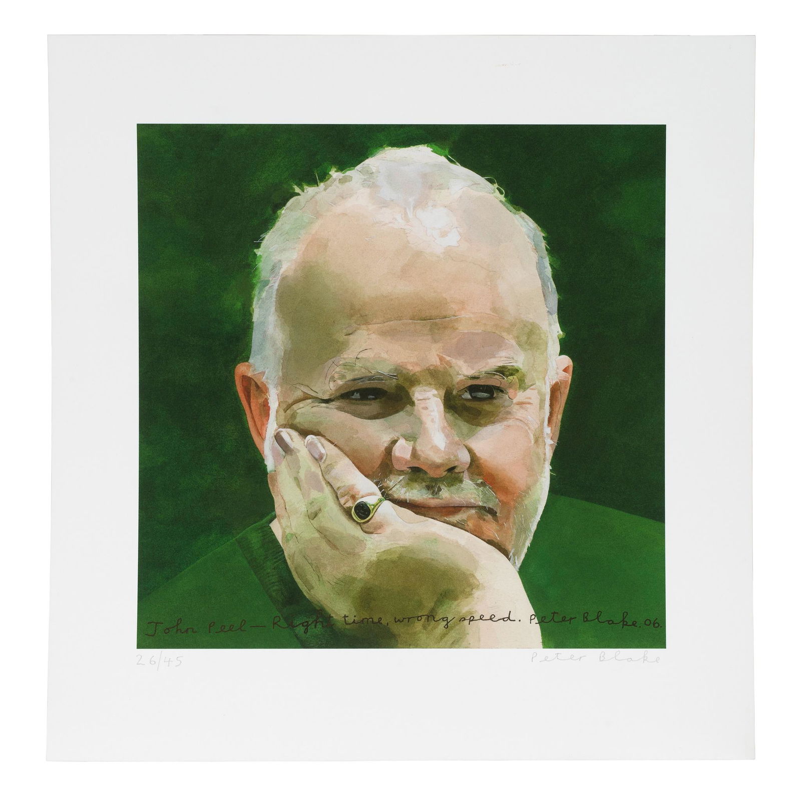 Â§ Sir Peter Blake C.B.E. R.D.I. R.A. (British 1932-): Â§ Sir Peter Blake C.B.E. R.D.I. R.A. (British 1932-) John Peel - Right time, wrong speed, 2006 26/45, signed and numbered in pencil, screenprint (30.3cm x 30.3cm (12in x 12in), unframed) Footnote: