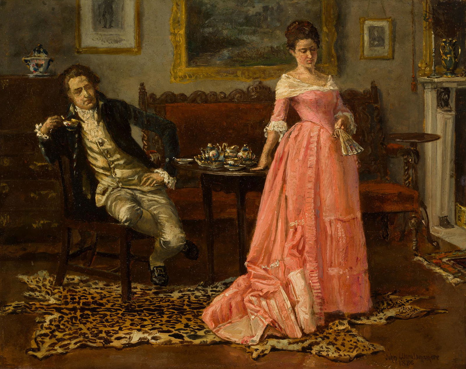 JOHN WARD DUNSMORE (AMERICAN 1856-1945) AN UNWELCOME: JOHN WARD DUNSMORE (AMERICAN 1856-1945) AN UNWELCOME PROPOSAL Signed and dated 1886, oil on panel (20cm x 25.5cm (8in x 10in))