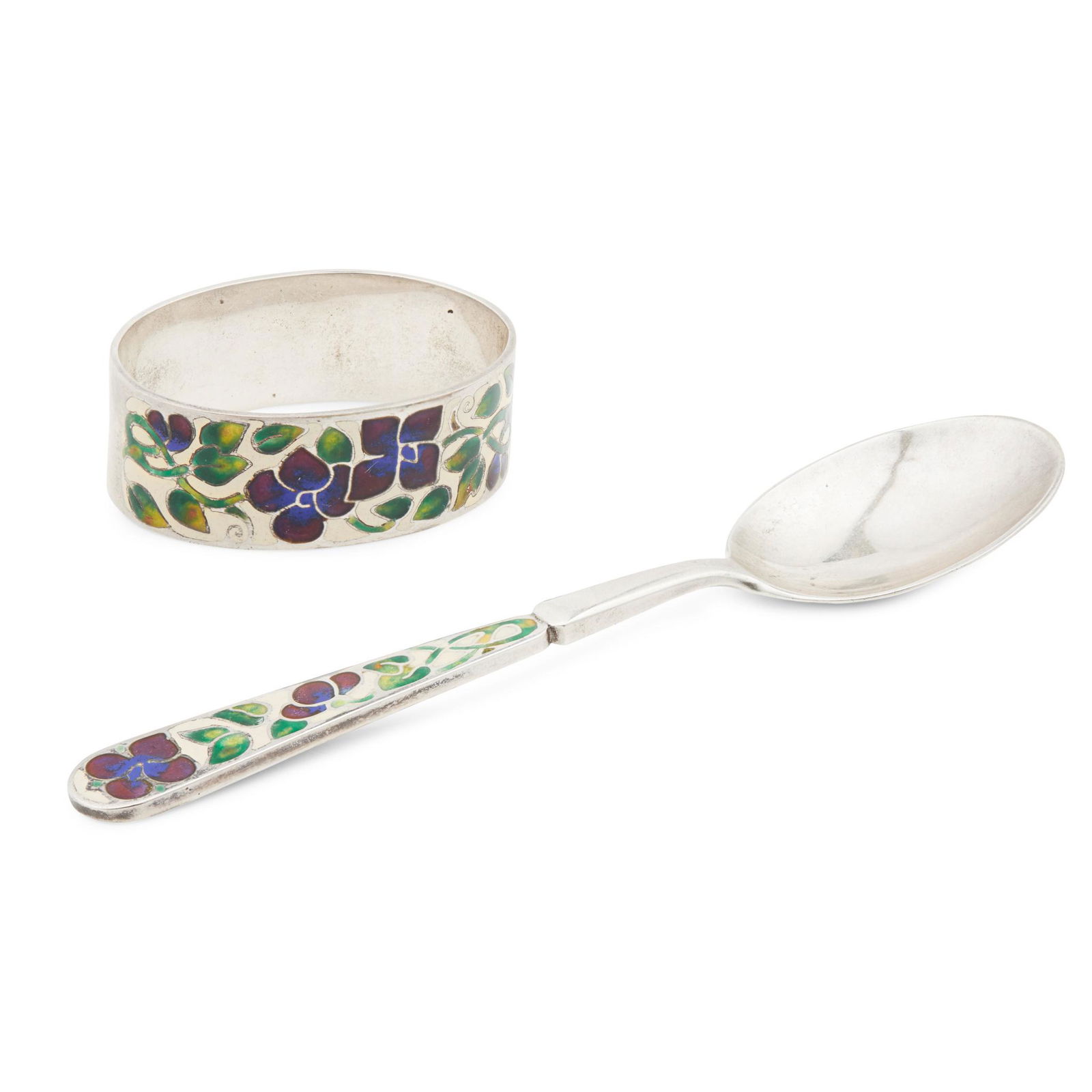 BERNARD INSTONE (1891-1987) SILVER AND ENAMEL: BERNARD INSTONE (1891-1987) SILVER AND ENAMEL CHRISTENING SET, BIRMINGHAM 1928 comprising a NAPKIN RING, 4.5cm across; and a SPOON, 11.5cm long, each with floral enamelled decoration, stamped maker's
