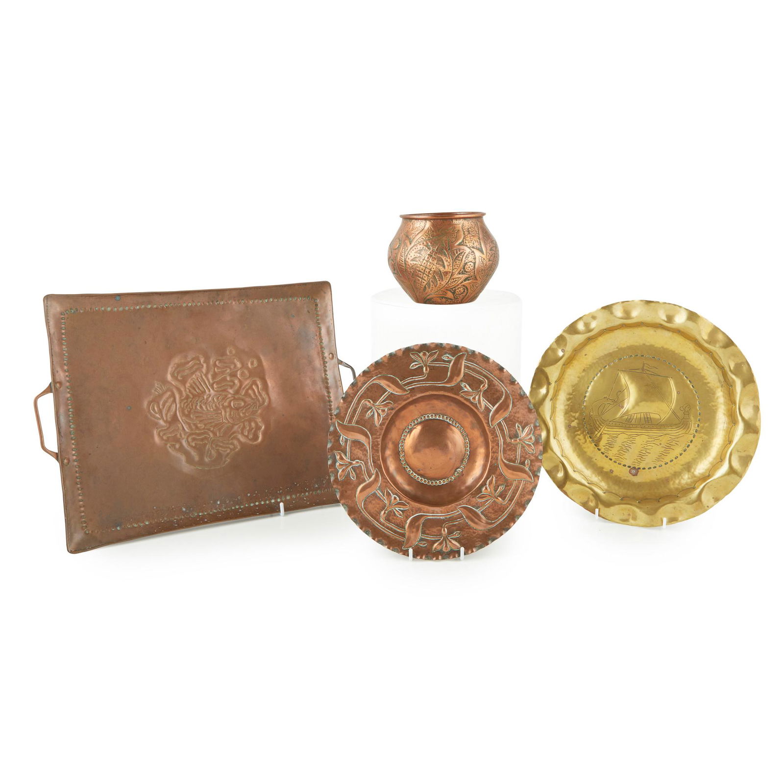 JOHN PEARSON (1859-1930) NEWLYN TWIN-HANDLED COPPER: JOHN PEARSON (1859-1930) NEWLYN TWIN-HANDLED COPPER TRAY, CIRCA 1900 decorated with a fish motif, stamped J.P. twice verso, 38cm across; a COPPER VASE ATTRIBUTED TO JOHN PEARSON, chased date to base 1