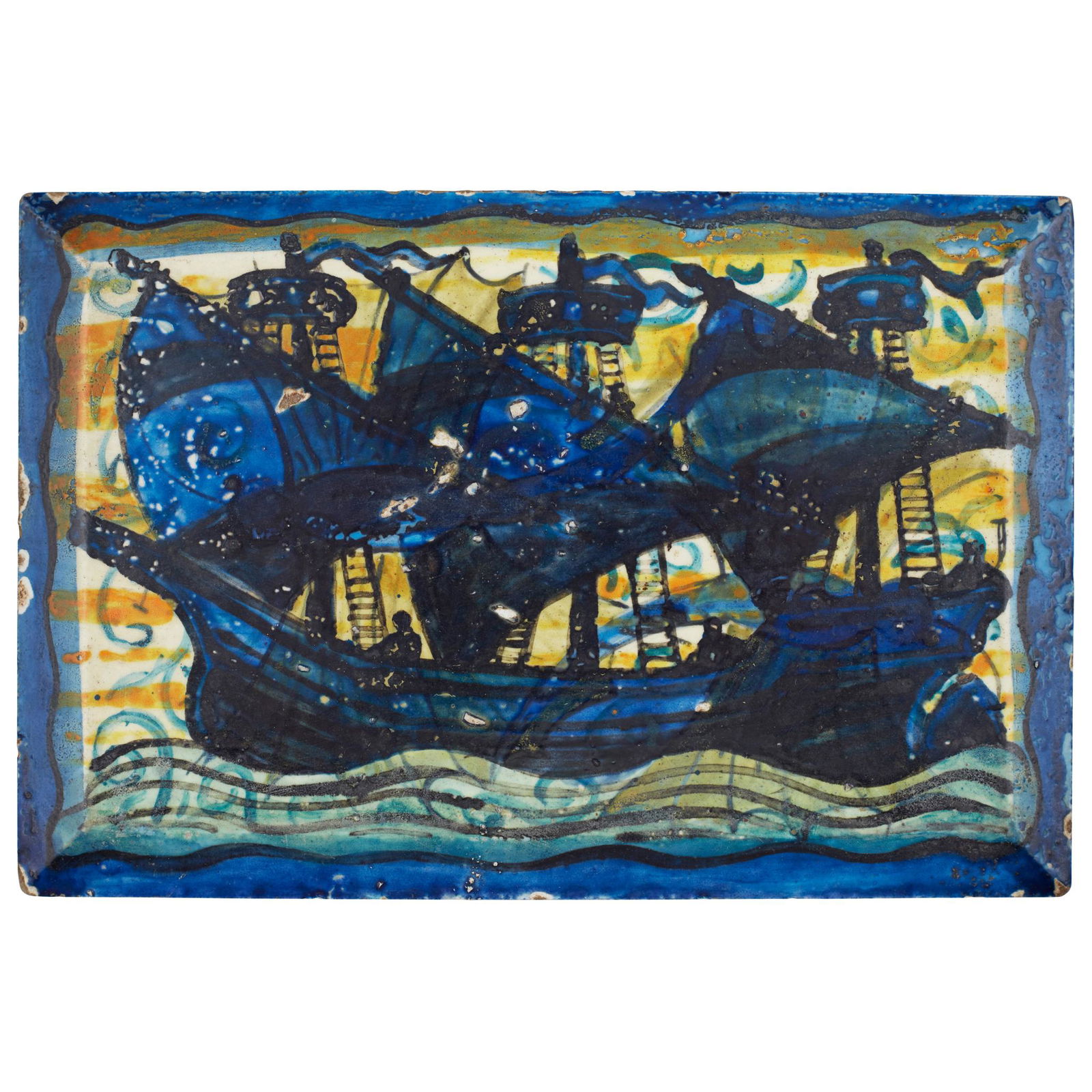 JOHN PEARSON (1859-1930) ARTS & CRAFTS PAINTED CERAMIC: JOHN PEARSON (1859-1930) ARTS & CRAFTS PAINTED CERAMIC TILE, CIRCA 1900 painted in blue, yellow and green, depicting a galleon in full sail, painted artist's initials and motif verso (12cm x 18cm)