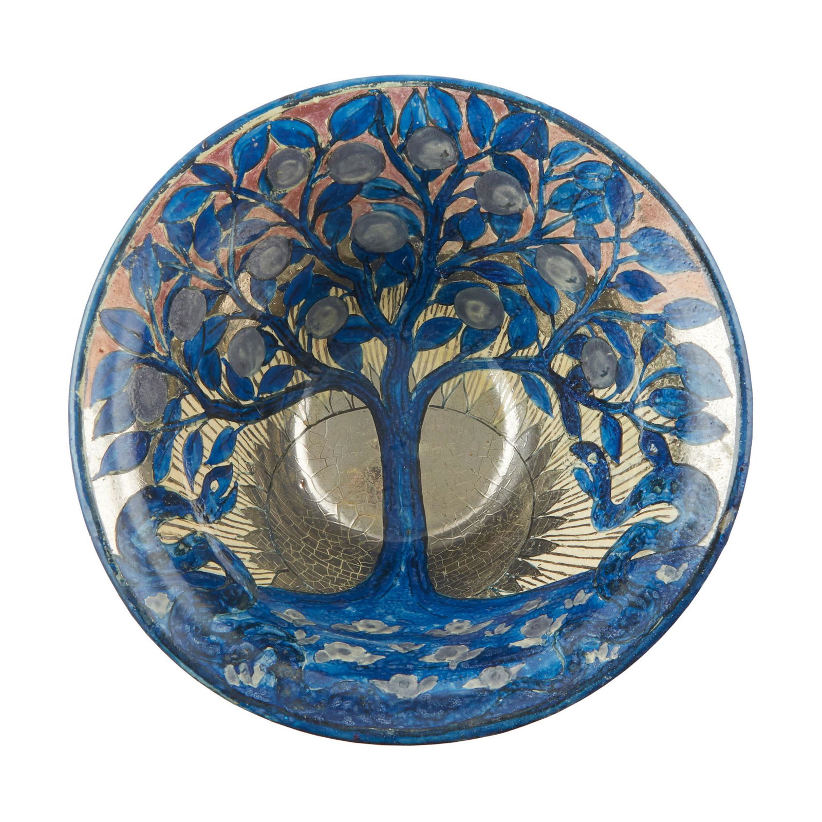 JOHN PEARSON (1859-1930) LARGE EARTHENWARE BOWL, CIRCA: JOHN PEARSON (1859-1930) LARGE EARTHENWARE BOWL, CIRCA 1900 of circular flared form, decorated with a fruiting tree at sunrise on a painted and metallic ground, painted monogram JP to base (26.5cm dia