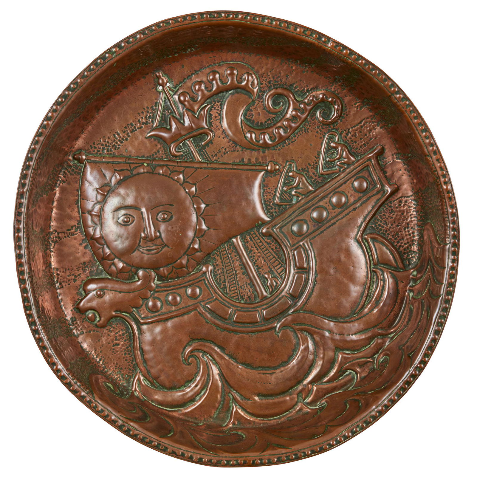 JOHN PEARSON (1859-1930) ARTS & CRAFTS NEWLYN COPPER: JOHN PEARSON (1859-1930) ARTS & CRAFTS NEWLYN COPPER BOWL, DATED 1892 repoussÃ© decorated with a galleon at sea, chased signature to base J. PEARSON 1892/519 (43cm diameter) Footnote: Exhibited: Her