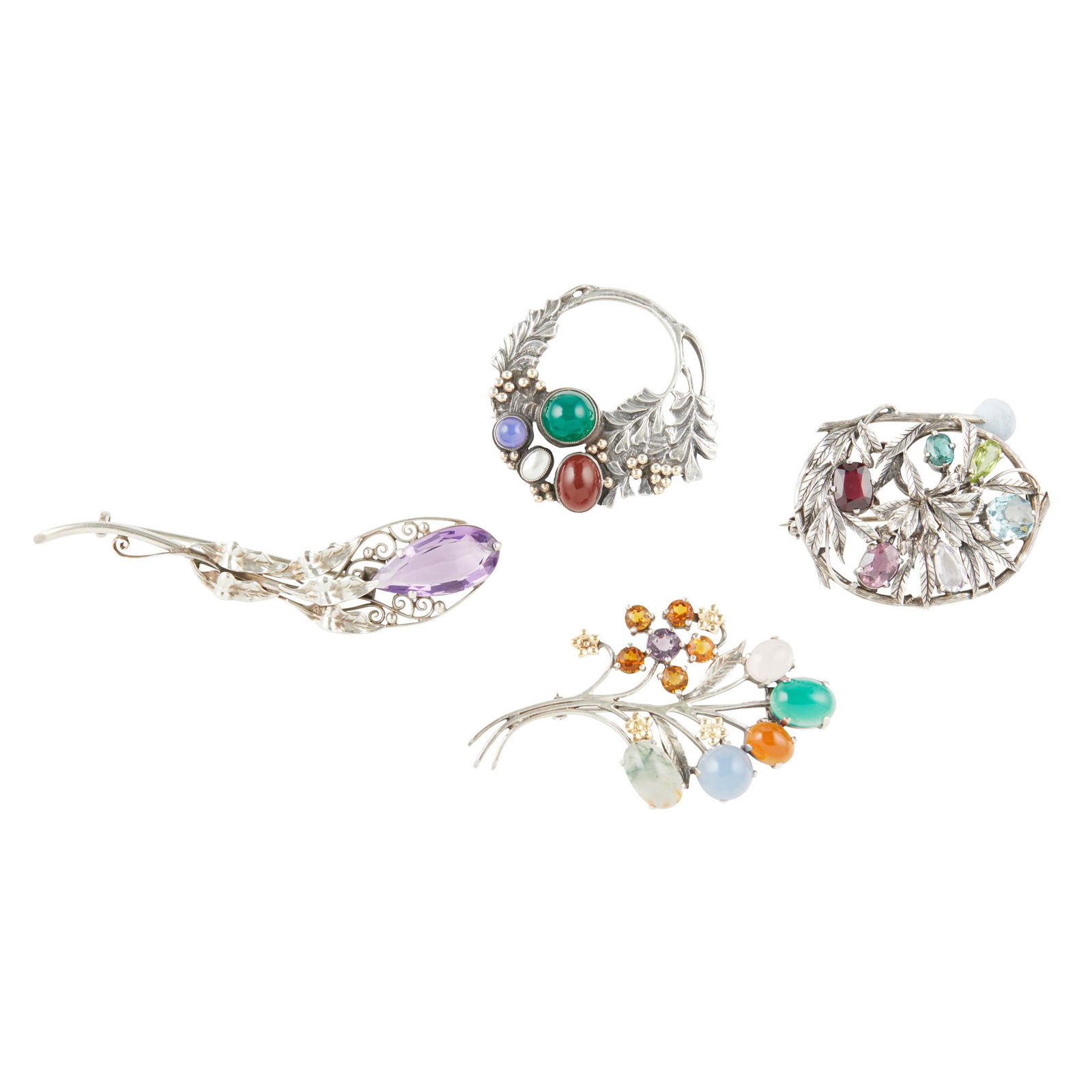 ATTRIBUTED TO BERNARD INSTONE FOUR BROOCHES, EARLY 20TH: ATTRIBUTED TO BERNARD INSTONE FOUR BROOCHES, EARLY 20TH CENTURY comprising a CIRCULAR BROOCH, cast with foliage and gold mounted berries, set with four backed cabochons, 4.5cm diameter; a FLORAL SPRAY