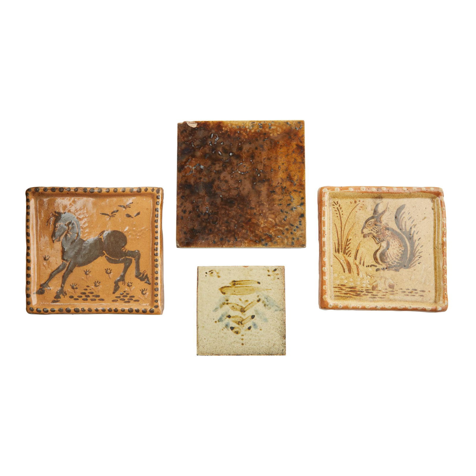 Â§ BERNARD LEACH (1887-1979) ST IVES POTTERY STONEWARE: Â§ BERNARD LEACH (1887-1979) ST IVES POTTERY STONEWARE TILE, MID 20TH CENTURY painted initials and St. Ives mark, impressed St Ives marks verso, 10cm square; a MARTIN BROTHERS STONEWARE TILE, moulde