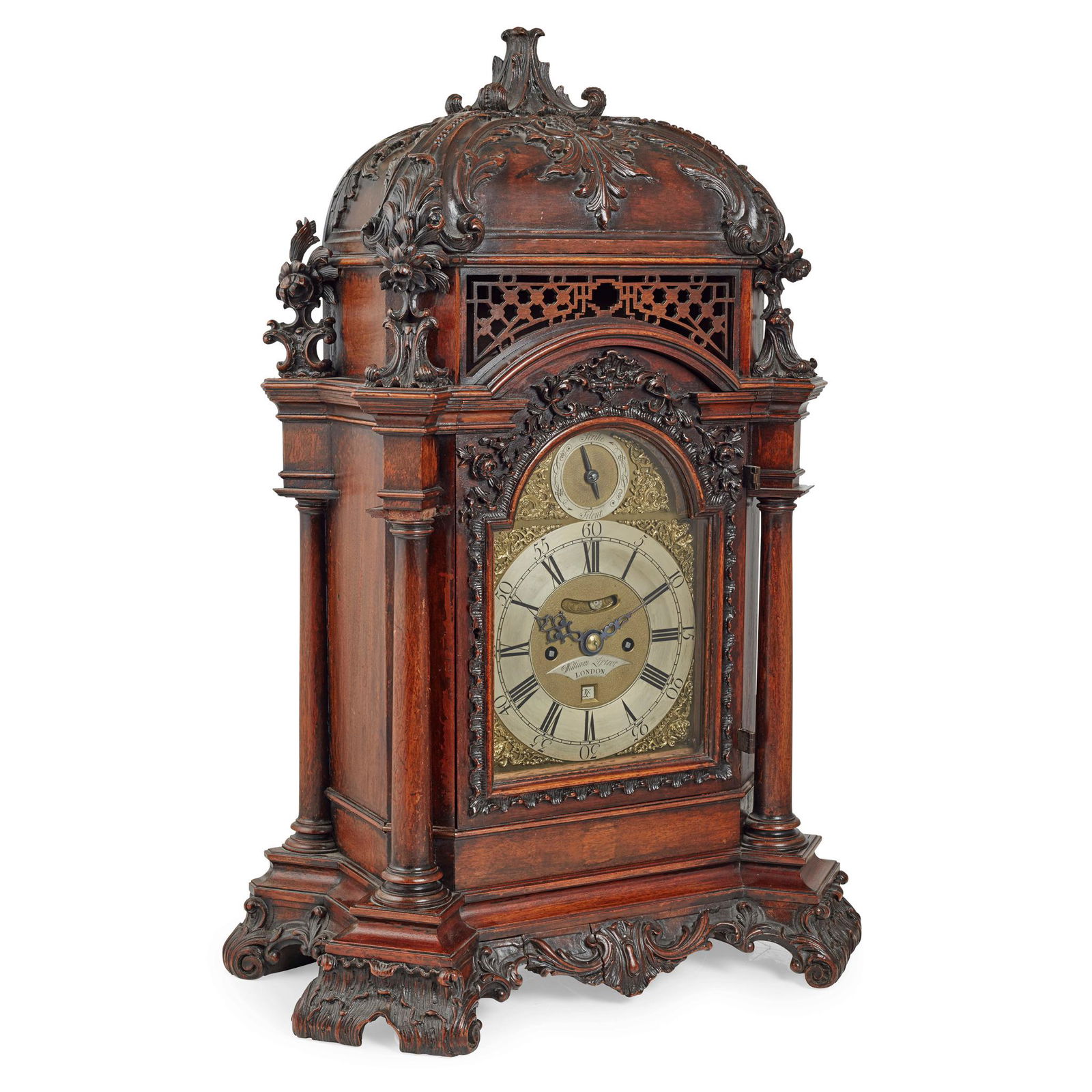 GEORGE III MAHOGANY BRACKET CLOCK, WILLIAM LIPTROT,: GEORGE III MAHOGANY BRACKET CLOCK, WILLIAM LIPTROT, LONDON, THE CASE AFTER A DESIGN BY THOMAS CHIPPENDALE 18TH CENTURY the arched brass dial with a silvered chapter ring with Roman and Arabic numbers