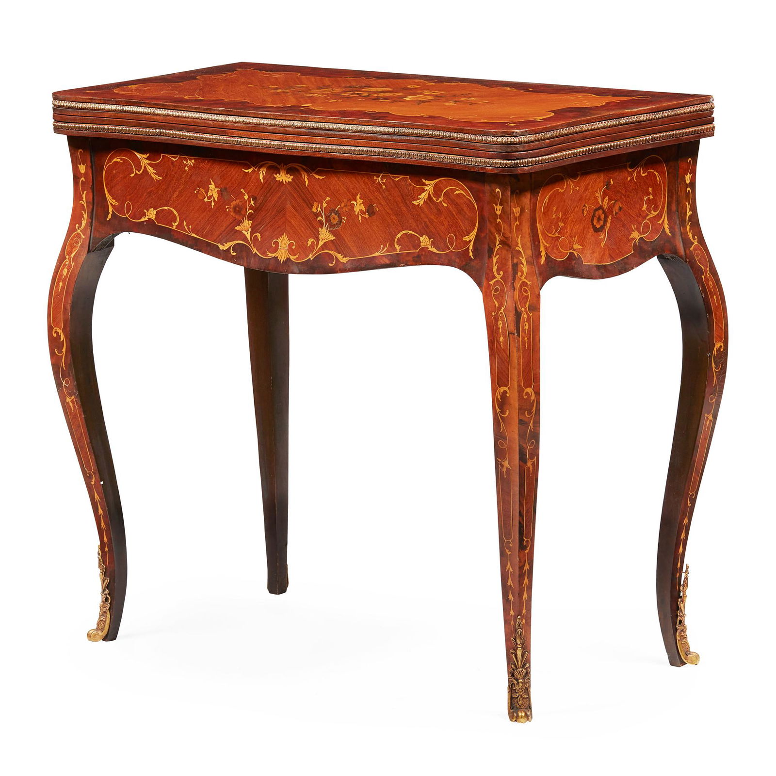 PAIR OF LOUIS XV STYLE WALNUT MARQUETRY TEA TABLES 20TH: PAIR OF LOUIS XV STYLE WALNUT MARQUETRY TEA TABLES 20TH CENTURY the pivoting fold-over tops outlined with gilt metal and floral and scroll marquetry, raised on cabriole legs with gilt metal mounts (85