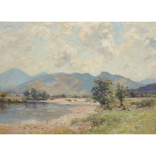 JOHN HENDERSON (SCOTTISH 1860-1924) PICNIC BY THE: JOHN HENDERSON (SCOTTISH 1860-1924) PICNIC BY THE RIVER, STRATHFILLAN Signed, oil on canvas (51cm x 67cm (20in 26.5in)) Footnote: Provenance: Collection of Dugald McTaggart Lindsay.