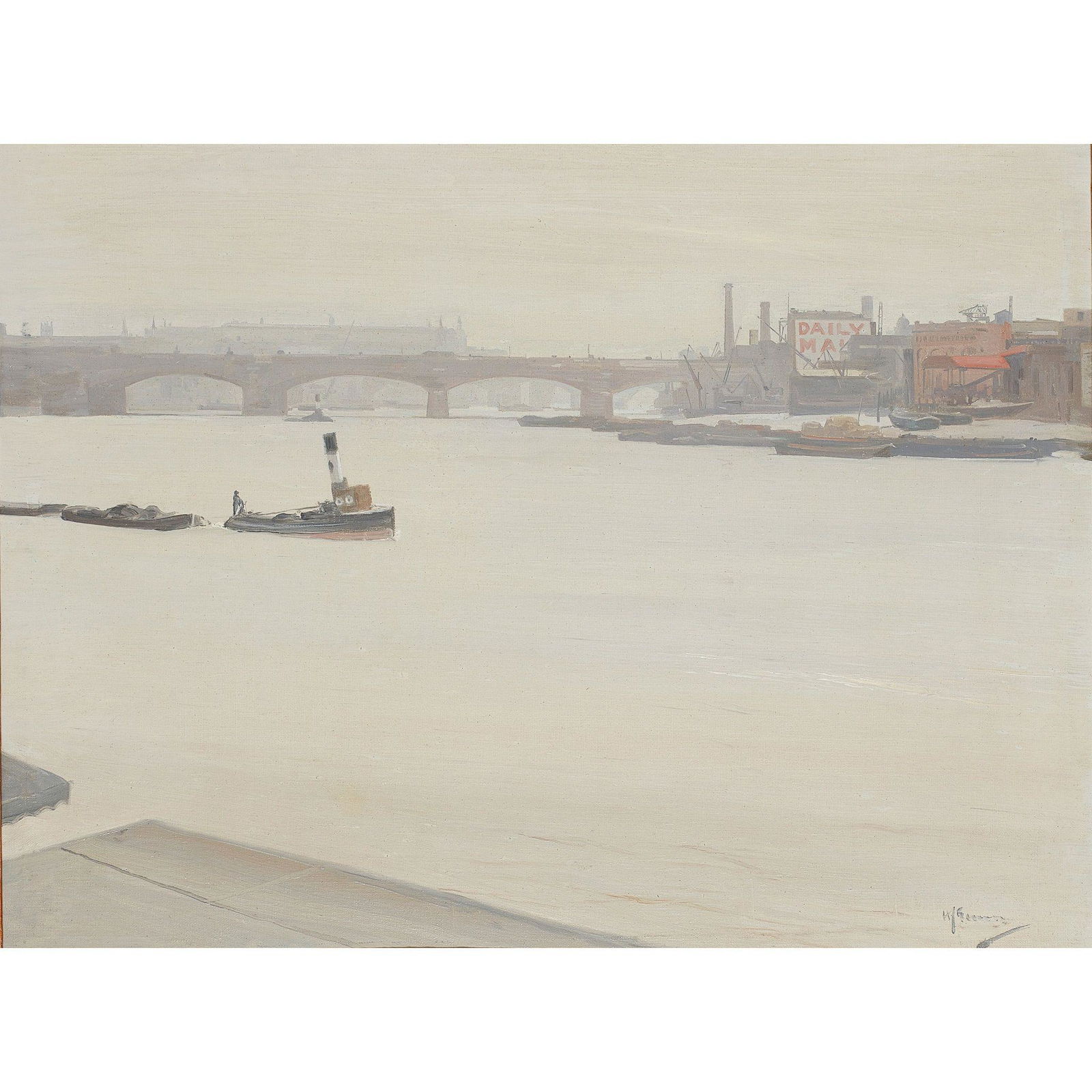 Â§ SIR HERBERT JAMES GUNN R.A., P.R.P., R.S.W (SCOTTISH: Â§ SIR HERBERT JAMES GUNN R.A., P.R.P., R.S.W (SCOTTISH 1893-1964) FROM WATERLOO BRIDGE Signed, oil on canvas (46cm x 61cm (18in x 24in))