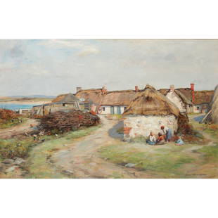 JOHN HENDERSON (SCOTTISH 1860-1924) CROFTERS DWELLINGS,: JOHN HENDERSON (SCOTTISH 1860-1924) CROFTERS DWELLINGS, AYRSHIRE Signed, oil on canvas (71cm x 112cm (28in x 44in)) Footnote: Exhibited: Scottish National Exhibition, 1911.