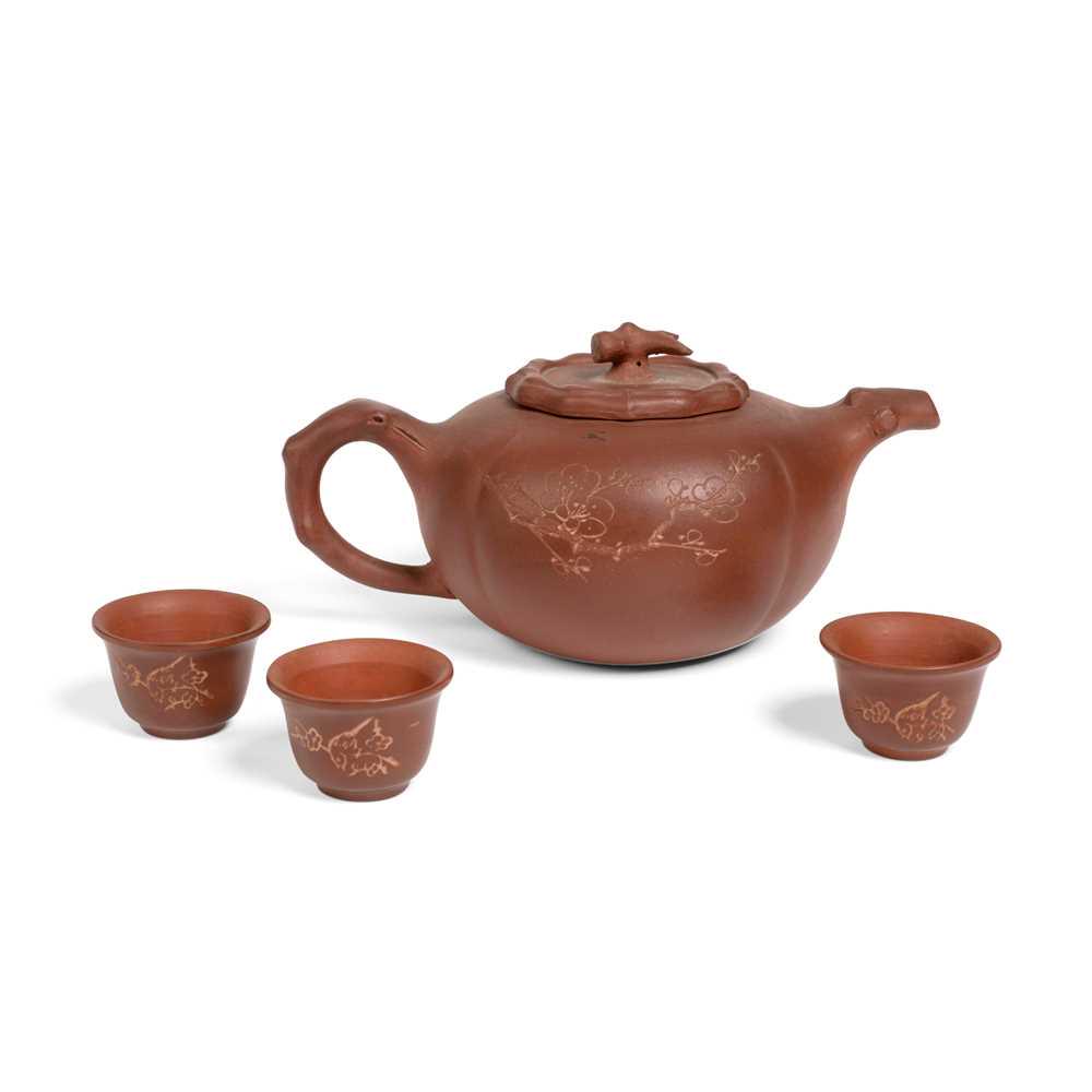 YIXING STONEWARE TEAPOT WITH THREE CUPS LATE QING (1 of 1)