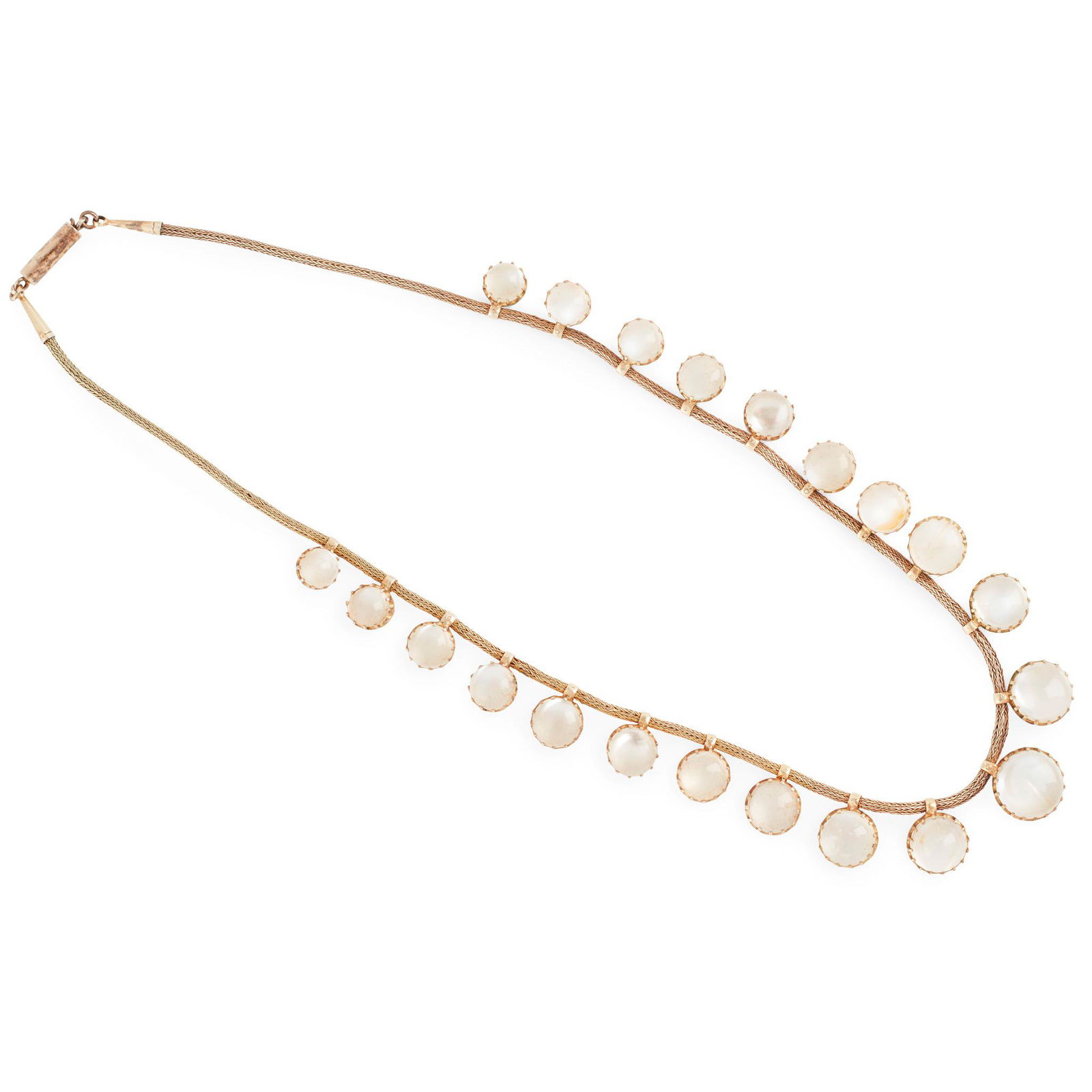 A moonstone set necklace: composed of a single row of graduated moonstone cabochons, each suspended from a woven link chain, to a barrel clasp, apparently unmarked (Dimensions: Length: 40cm)(Length: 40cm)