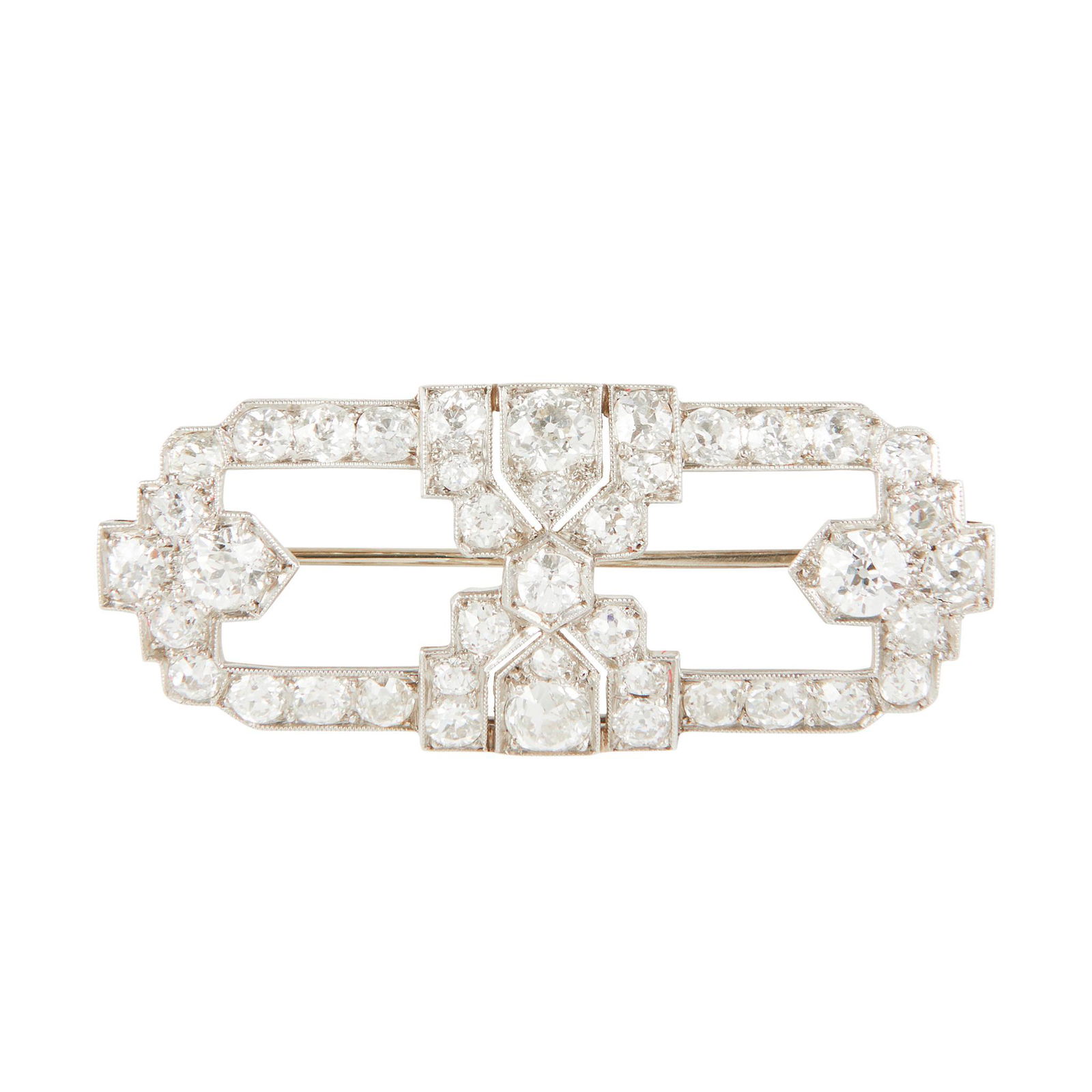 An Art Deco diamond set brooch: of open geometric design, millegrain set throughout with old round-cut diamonds, unmarked (Dimensions: Width: 45mm)(Width: 45mm)