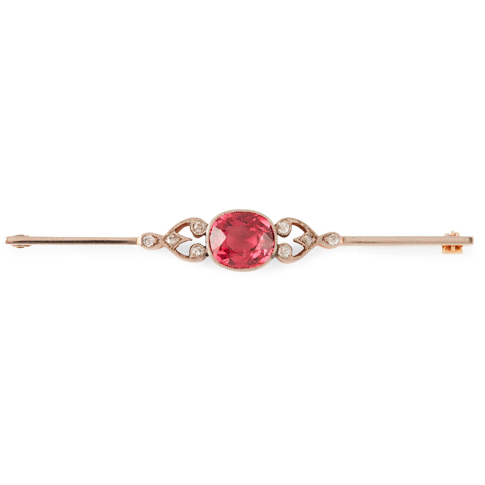 A spinel and diamond set bar brooch: millegrain set with an oval-cut pink spinel, the scrolling shoulders millegrain set with eight-cut and rose-cut diamonds, to an unmarked yellow metal bar brooch, in a tooled red leather box for Brook 