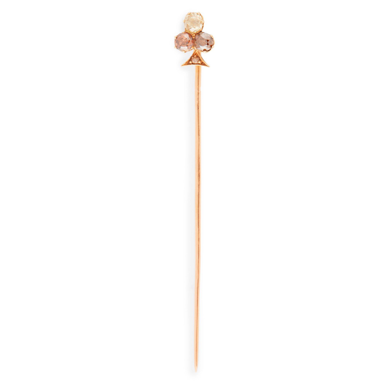 A French diamond set tie pin: claw set with two cushion-cut orangish brown diamonds and a cushion-cut pale yellow diamond, to a plain pin with French eagles head mark (Dimensions: Length of cluster: 10mm) (Length of cluster: 10mm)