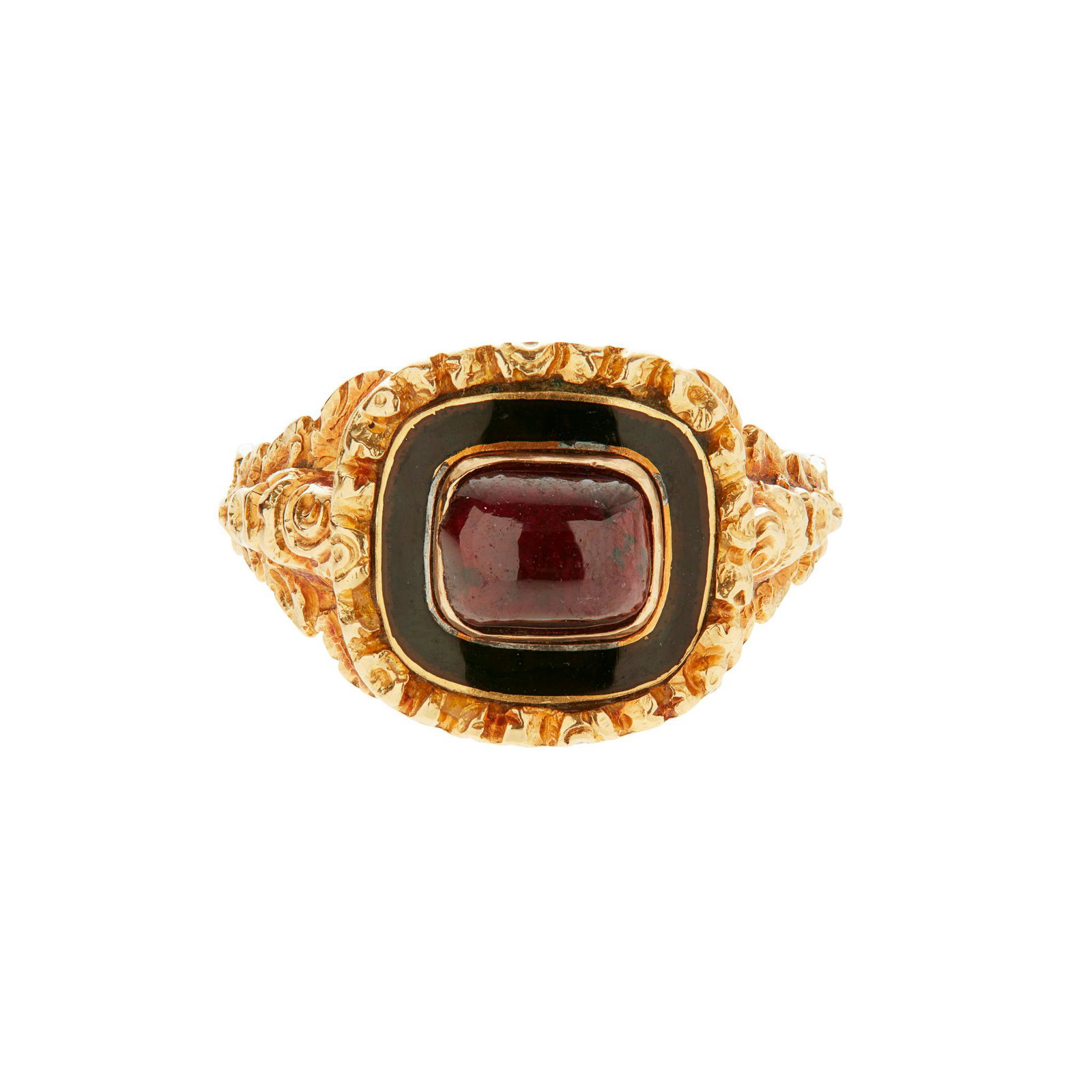 An 18ct gold Georgian memorial ring: set to the centre with a cabochon red gemstone, in a black enamel border with cast detail to shoulders, engraved to reverse 'R Guy Ob Feb 15th 1829 OU 58' (Dimensions: Ring size: M) (Ring size: M)