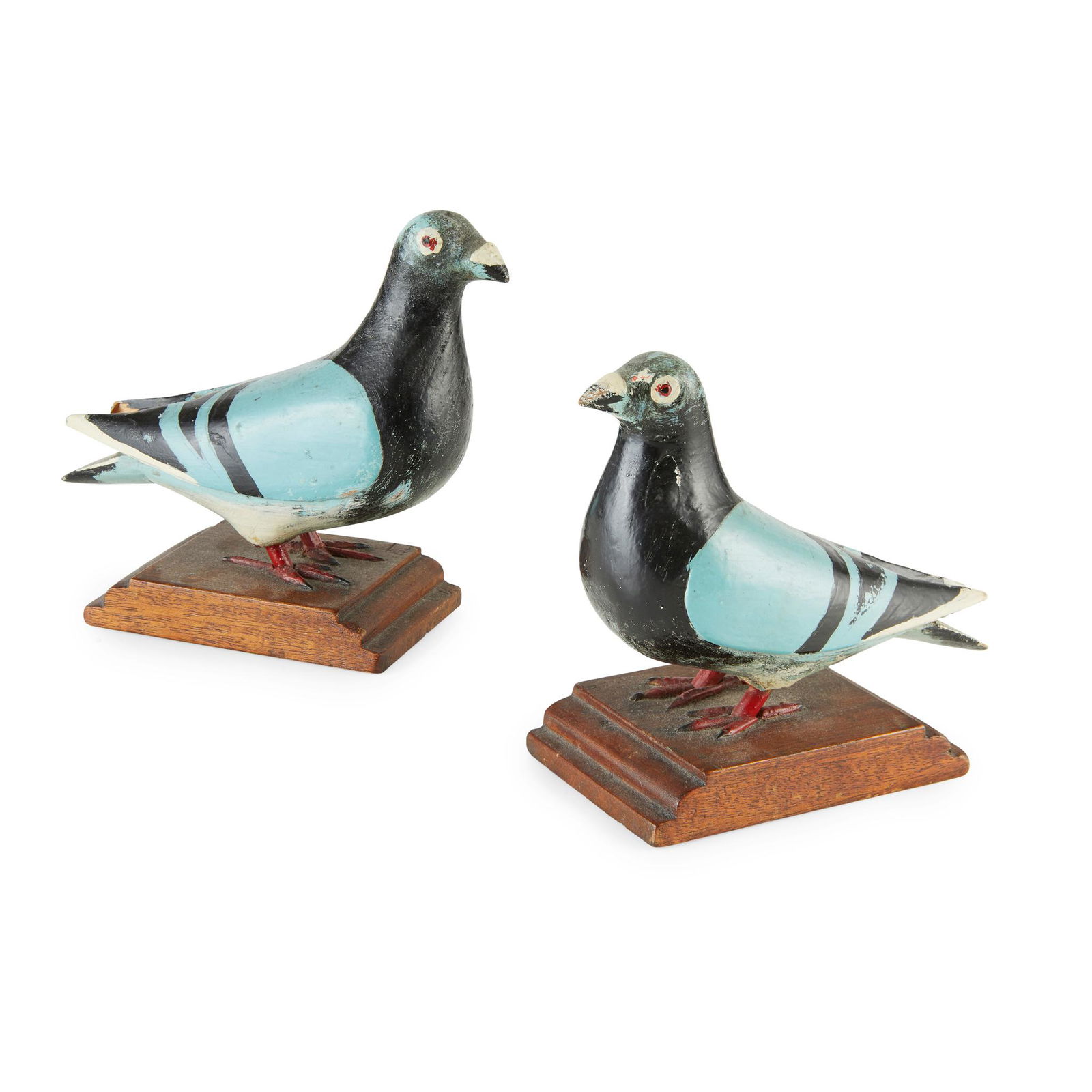 TWO CARVED AND PAINTED WOOD FIGURES OF HOMING PIGEONS (1 of 2)