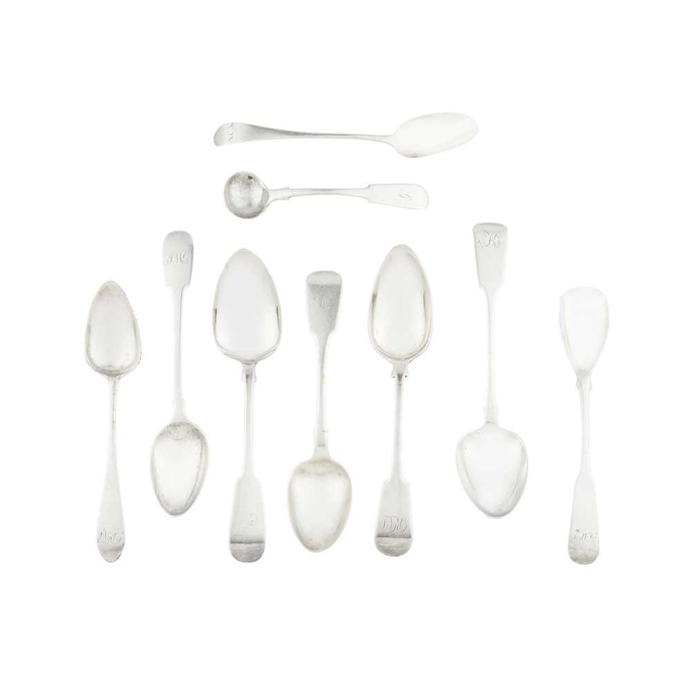 Elgin - A Scottish provincial teaspoon: Joseph Pozzi, marked JP, ELN, of Fiddle pattern with initial K to terminal, together with a small group of Aberdeen teaspoons and a Glasgow condiment ladle (Dimensions: Combined weight: 4oz) (Qty: qty