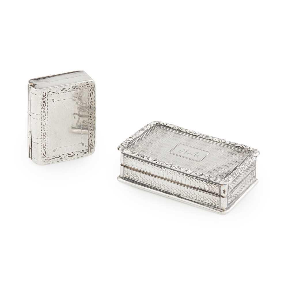 A George IV vinaigrette: Joseph Willmore, Birmingham 1810, of rectangular book form, engraved border with gilt grille; together with another similar with foliate cast border and EA engraved to rectangular cartouche to centre 