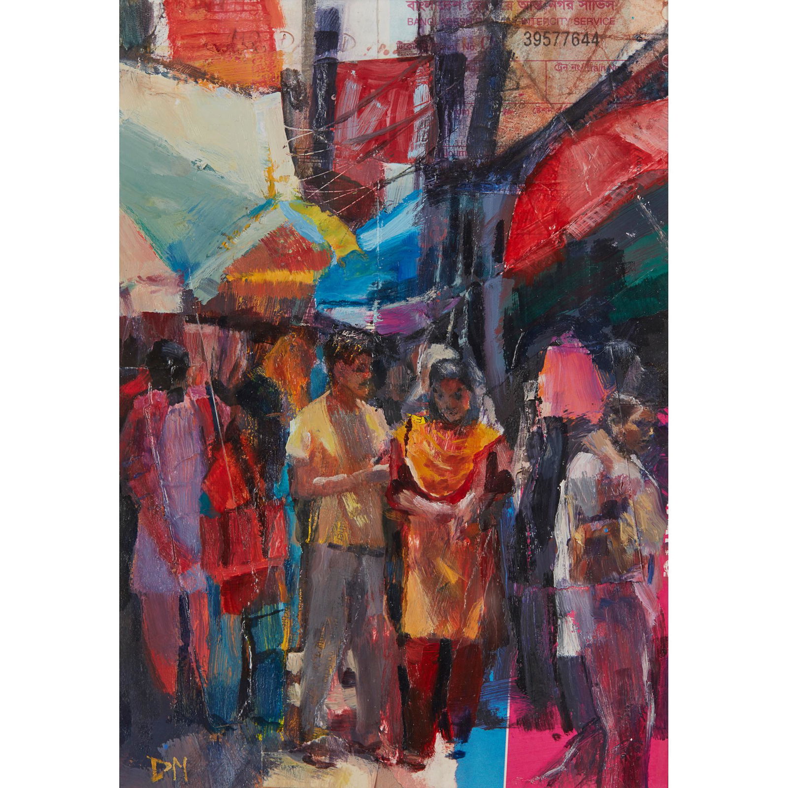 § DAVID MARTIN (SCOTTISH b.1975-) SATURDAY MARKET: Signed with initials lower left, oil and mixed media (Dimensions: 21cm x 15cm (8.25in x 6in))(21cm x 15cm (8.25in x 6in))Footnote: Exhibited: Open Eye Gallery, Edinburgh