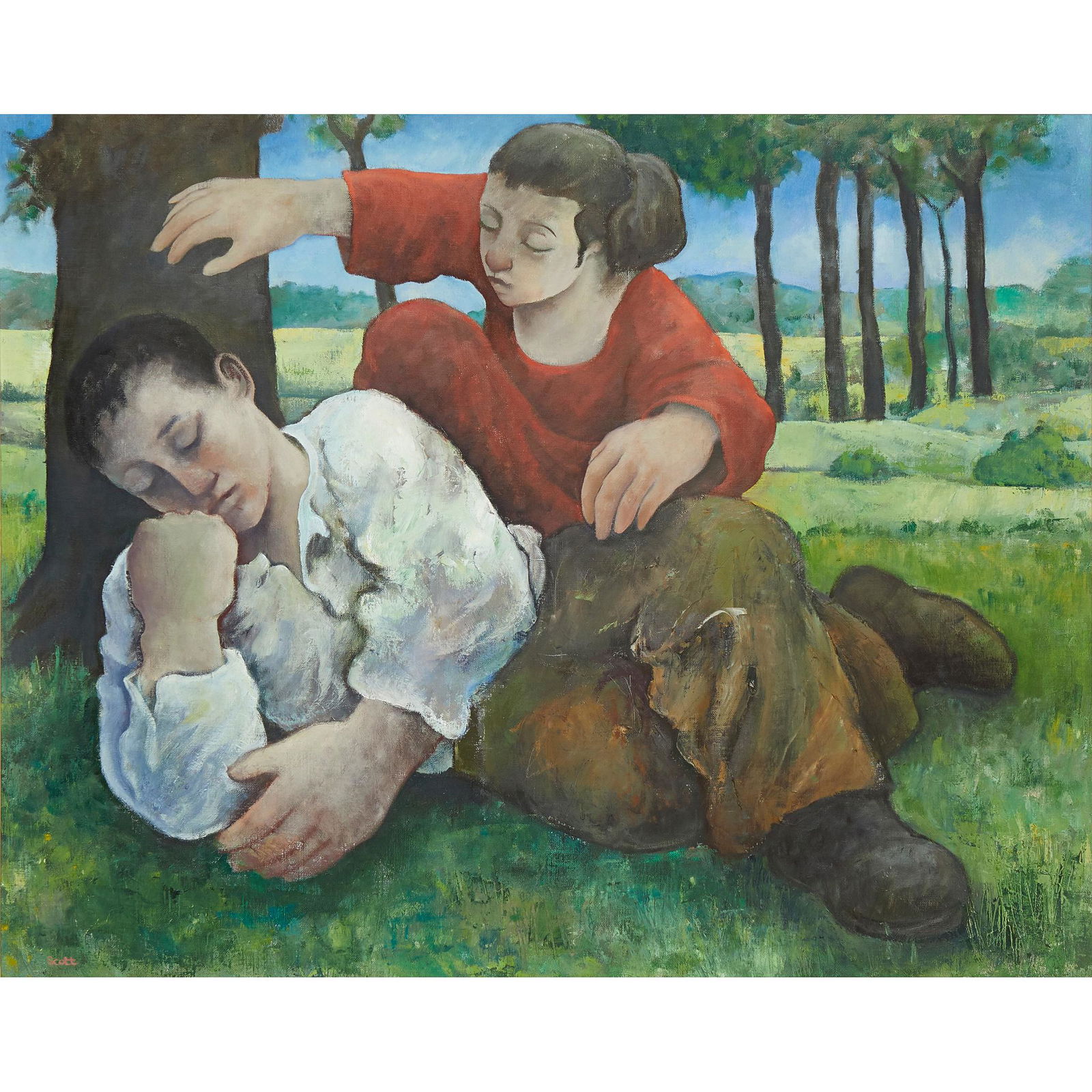 § MICHAEL SCOTT (SCOTTISH b.1946-) MARS & VENUS: Signed lower left, oil on canvas (Dimensions: 60cm x 74cm (23.5in x 29in))(60cm x 74cm (23.5in x 29in))Footnote: Exhibited: Roger Bilcliffe Fine Arts, Glasgow