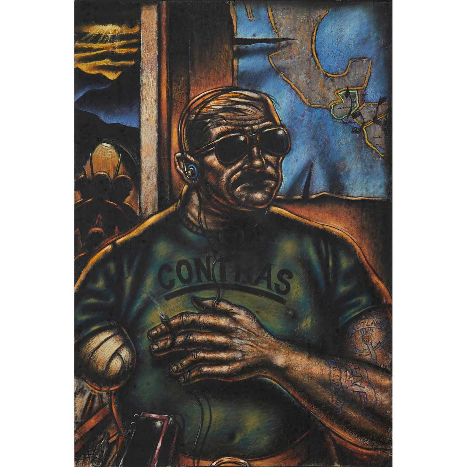 § KEN CURRIE (SCOTTISH B.1960) MERCENARY - 1987: Signed lower right, signed and dated and inscribed with title verso, conte, pencil and pastel on paper (Dimensions: 79cm x 54cm (31in x 21.25in))(79cm x 54cm (31in x 21.25in))Footnote: Provenance: Raa