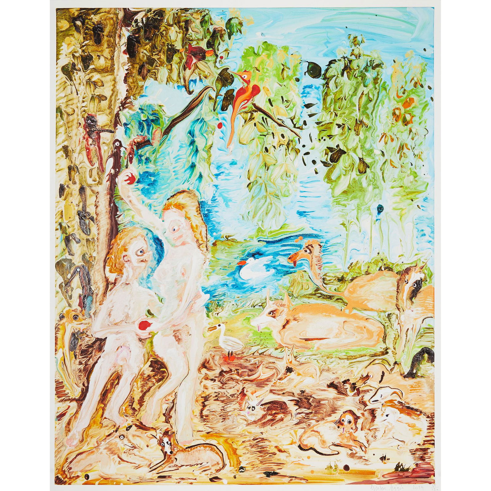 § GENIEVE FIGGIS (IRISH B.1972) ADAM AND EVE - 2019: Pigment giclee print, 65/150, signed, dated and numbered in pencil to margin (Dimensions: the sheet 69.5cm x 56cm (27.5in x 22.25in), unframed)(the sheet 69.5cm x 56cm (27.5in x 22.25in), unframed)