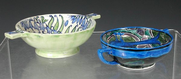 John Pearson (1885-1910) An earthenware twin-hand: John Pearson (1885-1910) An earthenware twin-handled bowl, panted with birds, painted monogram, 15.5cm across, (broken and repaired); and an Elizabeth Mary Watt quaich, painted with bluebells, painted