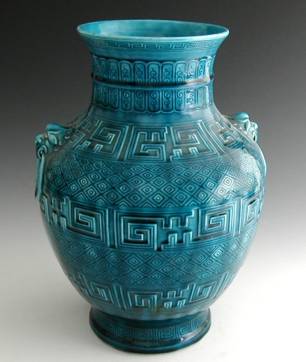 A Theodore Deck earthenware vase, of 'Chinese' ba: A Theodore Deck earthenware vase, of 'Chinese' baluster form, impressed with geometric band and having moulded lion ring handles, covered in a 'Bleu Deck' turquoise glaze, impressed mark 'TH. DECK 187