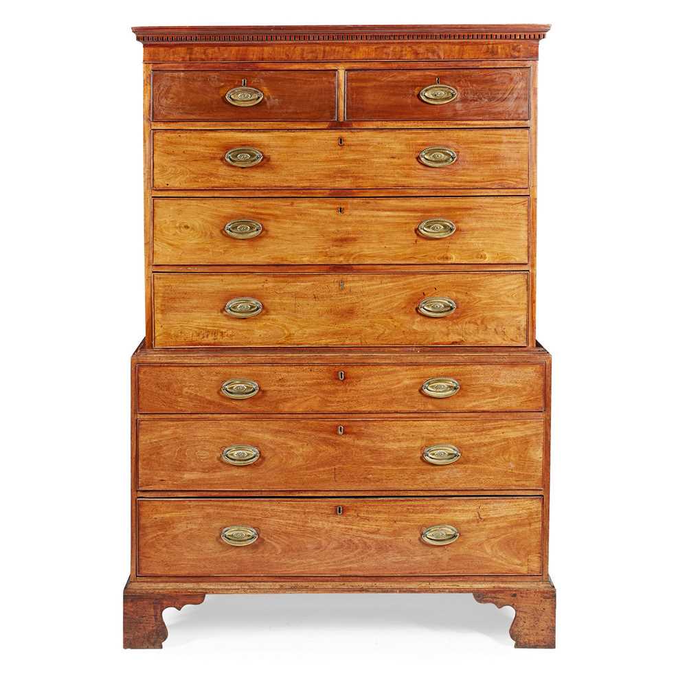 GEORGE III MAHOGANY CHEST-ON-CHEST EARLY 19TH CENTURY: GEORGE III MAHOGANY CHEST-ON-CHEST EARLY 19TH CENTURY the dentil moulded cornice above two short and three long graduated drawers; the lower part with three further long drawers, raised on shaped brac
