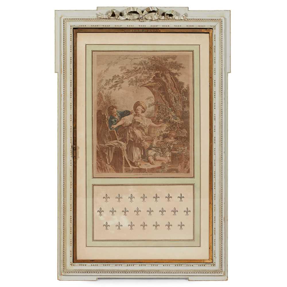 FRENCH PAINTED AND BRASS TRIPTYCH DRESSING MIRROR,: FRENCH PAINTED AND BRASS TRIPTYCH DRESSING MIRROR, MIROIR BROT, PARIS 19TH CENTURY the triple hinged mirror plates in brass frames, stamped MIROIR BROT, the exterior with a coloured engraved print tit