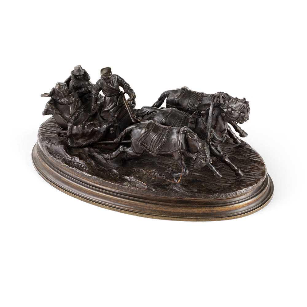 RUSSIAN BRONZE TROIKA GROUP CAST BY WOERFFEL, AFTER THE: RUSSIAN BRONZE TROIKA GROUP CAST BY WOERFFEL, AFTER THE MODEL BY VASILII GRACHEV LATE 19TH CENTURY dark brown patina, signed on the oval base with foundry and artist signatures (28cm long)