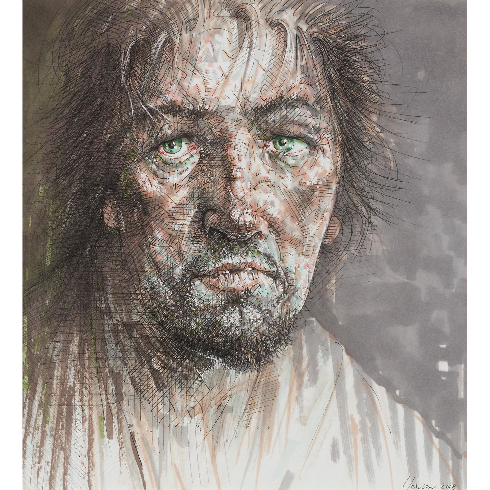 § PETER HOWSON O.B.E. (SCOTTISH B.1958) TRIAL III: Signed and dated 2018, pen and ink and wash (Dimensions: 24cm x 23cm (9.5in x 9in))(24cm x 23cm (9.5in x 9in))Footnote: Note: This was created for 'Devil's Chorus' an exhibition held at the Maclaurin