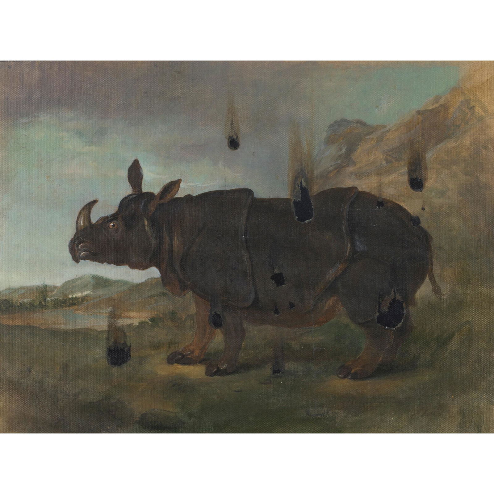 § DERRICK GUILD R.S.A (SCOTTISH B.1961) BURNT RHINO: Signed, acrylic on canvas (Dimensions: 36cm x 48cm (14in x 18in))(36cm x 48cm (14in x 18in))Footnote: Exhibited: The Scottish Gallery, Derrick Guild - Mother Figures 2015, no.27 Note: Clara the rhinoc