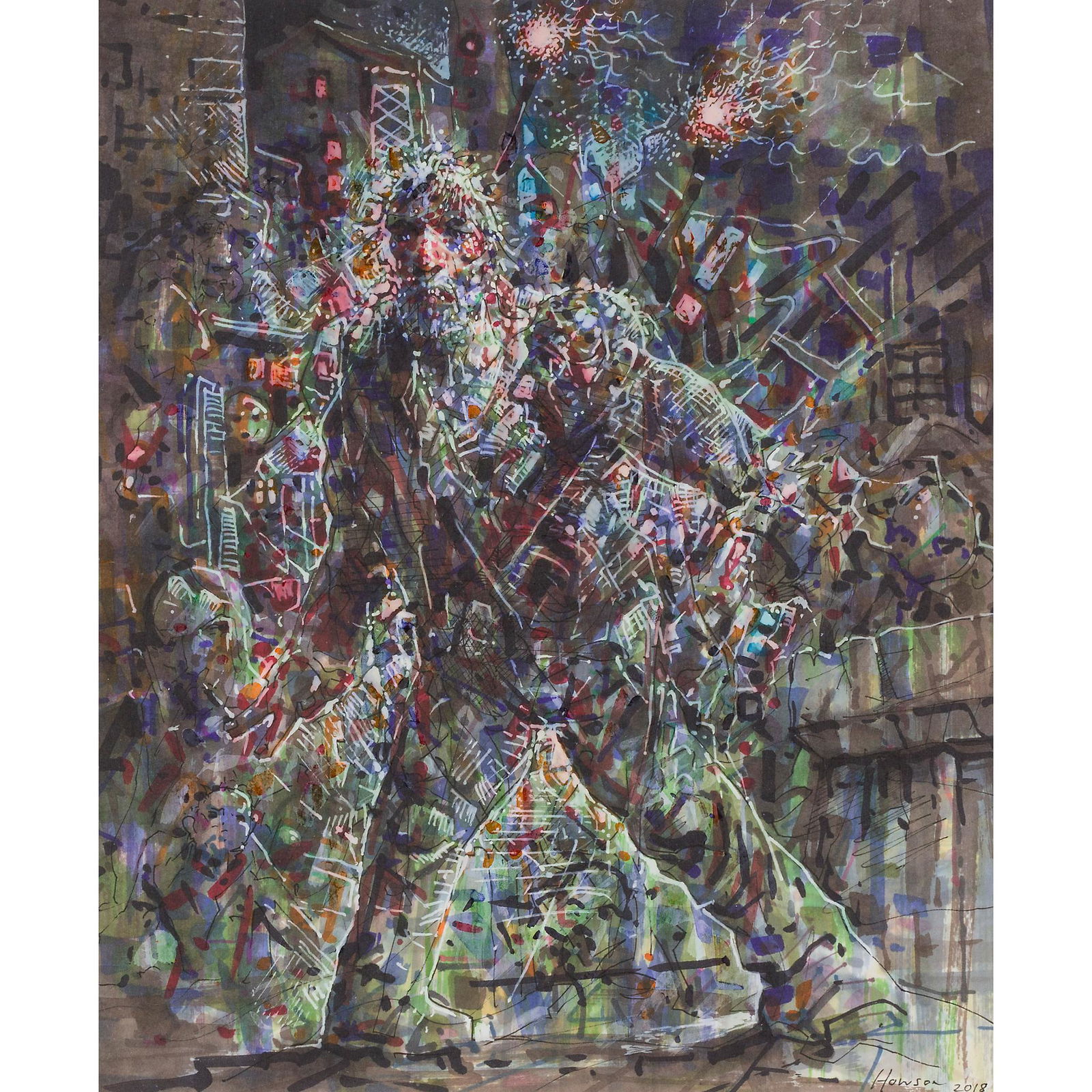 § PETER HOWSON O.B.E. (SCOTTISH B.1958) GALLOWGATE: Signed and dated 2018, mixed media (Dimensions: 24cm x 20cm (9.5in x 8in))(24cm x 20cm (9.5in x 8in))
