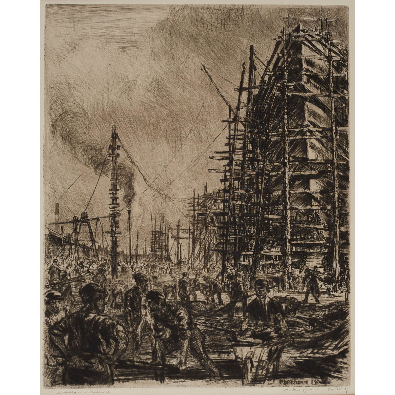 Â§ SIR MUIRHEAD BONE H.R.S.A., H.R.W.S., H.A.R.I.B.A.,: Â§ SIR MUIRHEAD BONE H.R.S.A., H.R.W.S., H.A.R.I.B.A., H.R.E., L.L.B., D.LITT (SCOTTISH 1876-1953) SHIPBUILDERS AT WHITEINCH - 1893 Etching and drypoint, signed in plate, signed, titled and inscribe