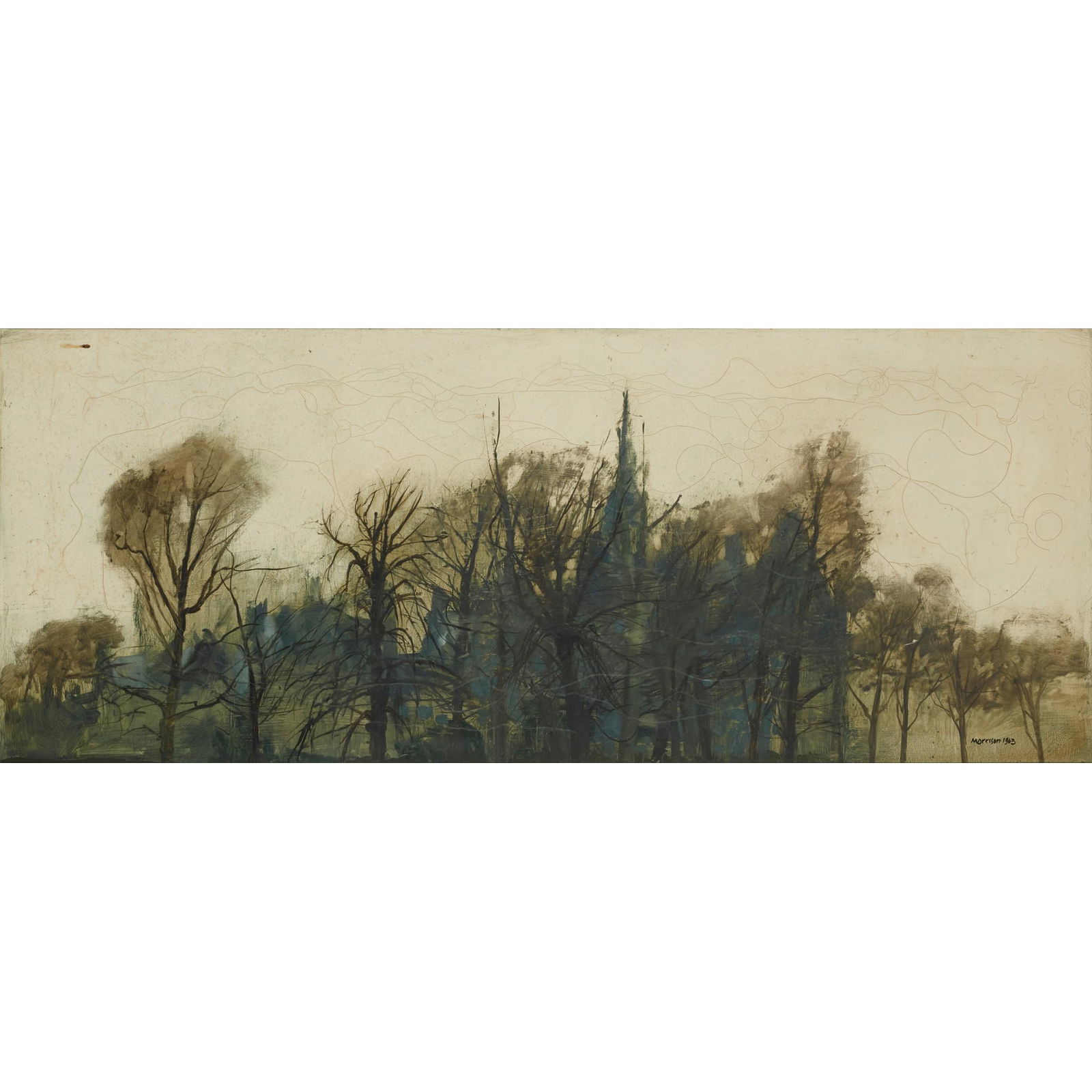 Â§ JAMES MORRISON R.S.A., R.S.W., L.L.D. (SCOTTISH: Â§ JAMES MORRISON R.S.A., R.S.W., L.L.D. (SCOTTISH 1932) UNTITLED (LINE OF TREES), 1963 Signed and dated 1963 lower right, oil on canvas(61cm x 152cm (24in x 60in))