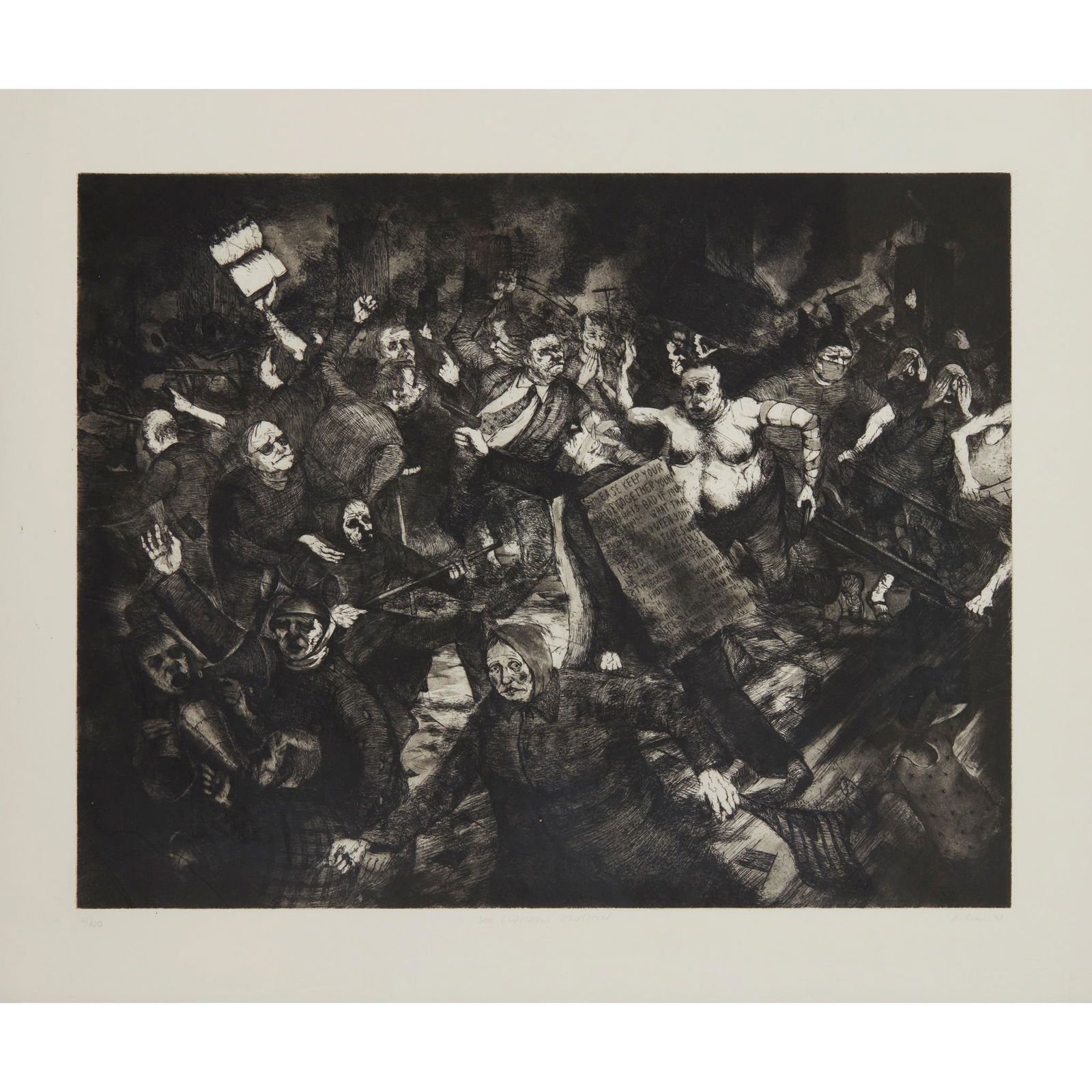 Â§ KEN CURRIE (SCOTTISH B.1960) THE LUDICROUS SITUATION: Â§ KEN CURRIE (SCOTTISH B.1960) THE LUDICROUS SITUATION Etching, 14/40, signed and dated '91, numbered and inscribed with title in pencil to margin(69cm x 82cm (27in x 32in))Footnote: Provenance: Th