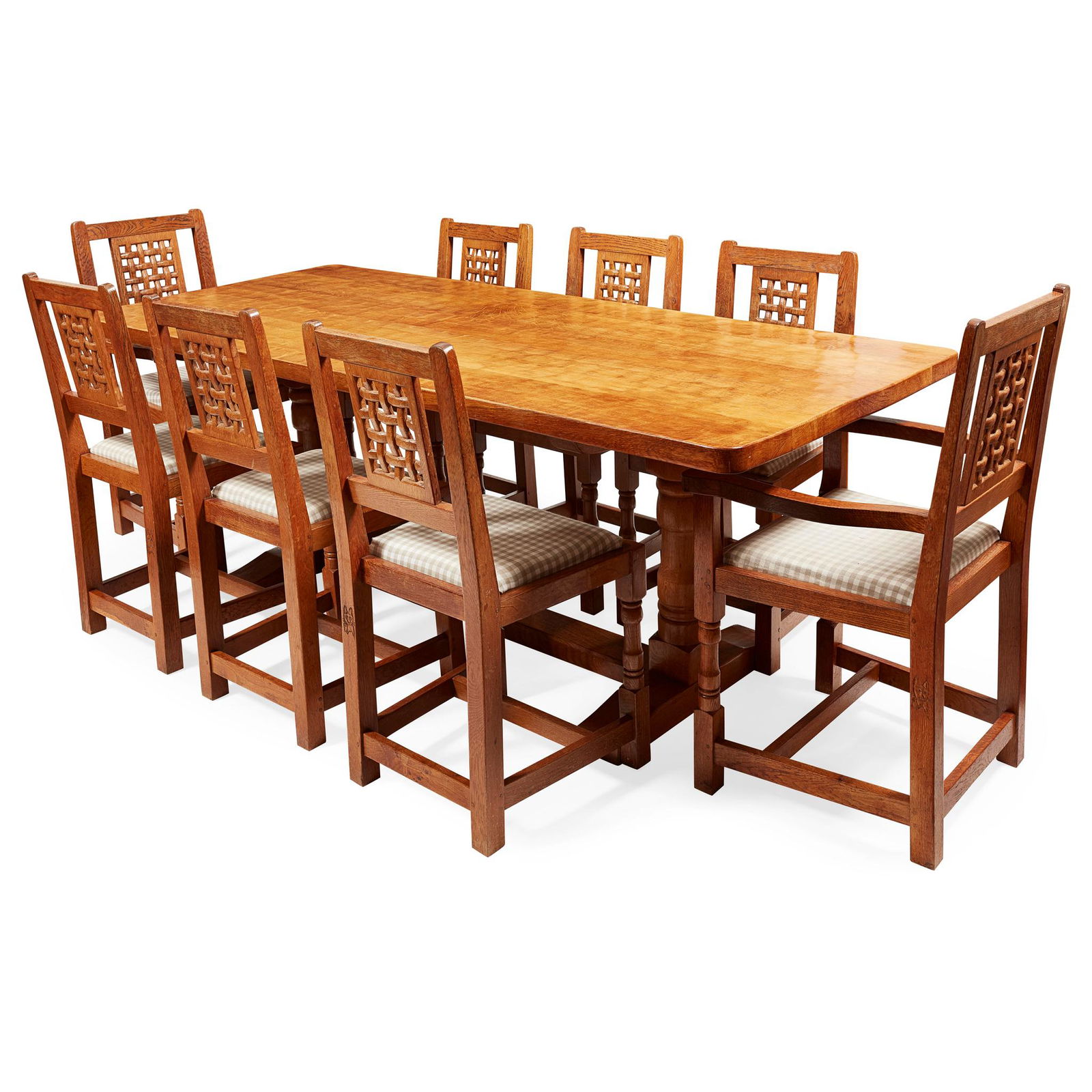 LYNDON HAMMELL ('CAT & MOUSEMAN') DINING SUITE, CIRCA: LYNDON HAMMELL ('CAT & MOUSEMAN') DINING SUITE, CIRCA 1970 oak, comprising a DINING TABLE, 213cm long, 75cm high, 91cm deep; a SET OF SIX DINING CHAIRS, 45cm wide, 90cm high, 35cm deep; and TWO CARVER