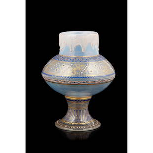 MANNER OF J. & L. LOBMEYR MORESQUE VASE,  LATE 19TH: MANNER OF J. & L. LOBMEYR MORESQUE VASE, LATE 19TH CENTURY opalescent glass with enamelled and gilded embellishments, the rim with an applied pulled band(21.5cm high)