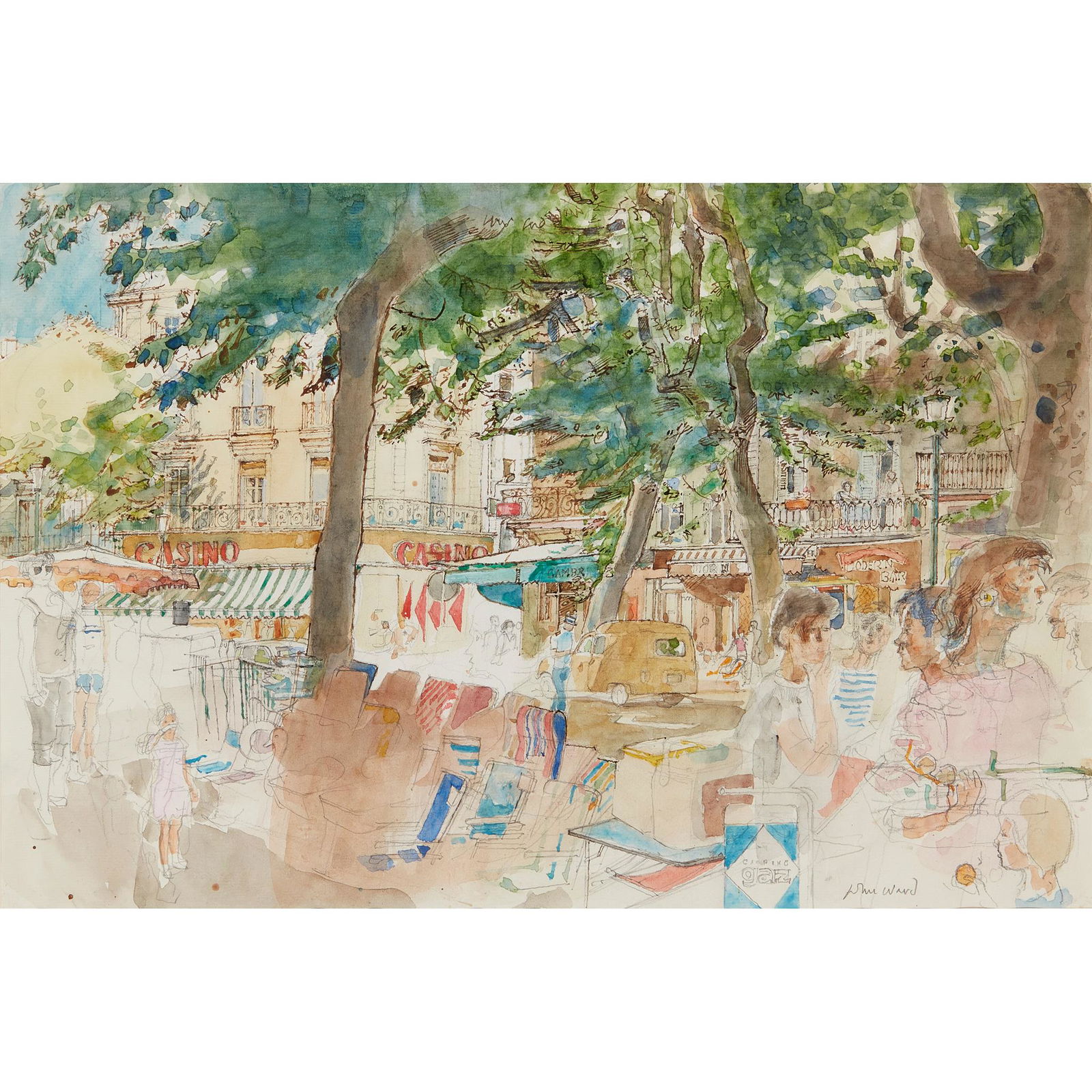 Â§ JOHN WARD (BRITISH 1917-2007) UZES: signed (lower right), pen and ink and watercolour (Dimensions: 31cm x 47cm (12in x 18.5in))(31cm x 47cm (12in x 18.5in))Footnote: Exhibited: J. S. Maas & Co. Ltd, John Ward 1985, no.63.