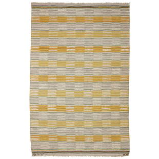 BARBRO NILSSON (SWEDISH 1899-1983) FOR MÃ„RTA: Monogrammed 'AB MMF' and 'BN', hand knotted wool in yellow, green and grey (Dimensions: 209cm x 127cm (82.25in x 50in)) (209cm x 127cm (82.25in x 50in))