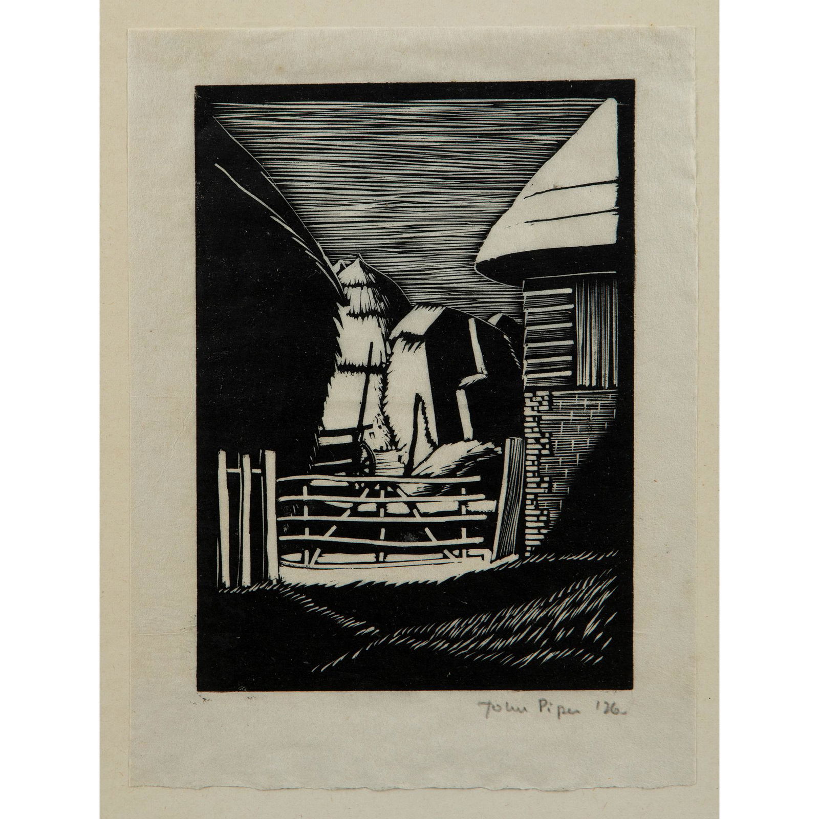 Â§ JOHN PIPER C.H. (BRITISH 1903-1992) FARMYARD GATE,: signed and dated in pencil (in the margin), woodcut (Dimensions: the sheet 22.5cm x 16.3cm (8.5in x 6.5in))(the sheet 22.5cm x 16.3cm (8.5in x 6.5in))