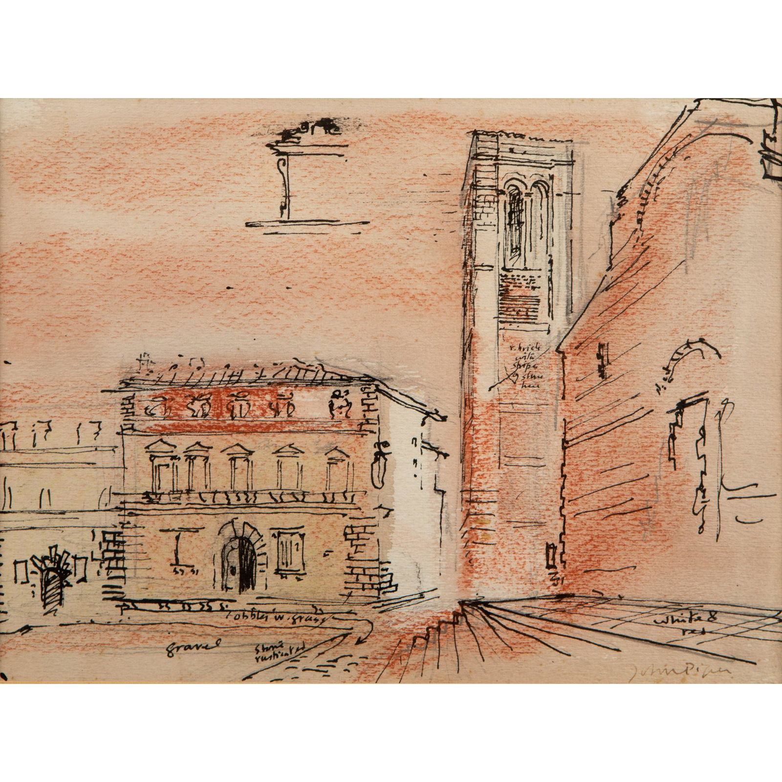 Â§ JOHN PIPER C.H. (BRITISH 1903-1992) MONTEPULCIANO,: signed (lower right), pen, ink and crayon on paper (Dimensions: 19cm x 26cm (7.5in x 10.25in))(19cm x 26cm (7.5in x 10.25in))