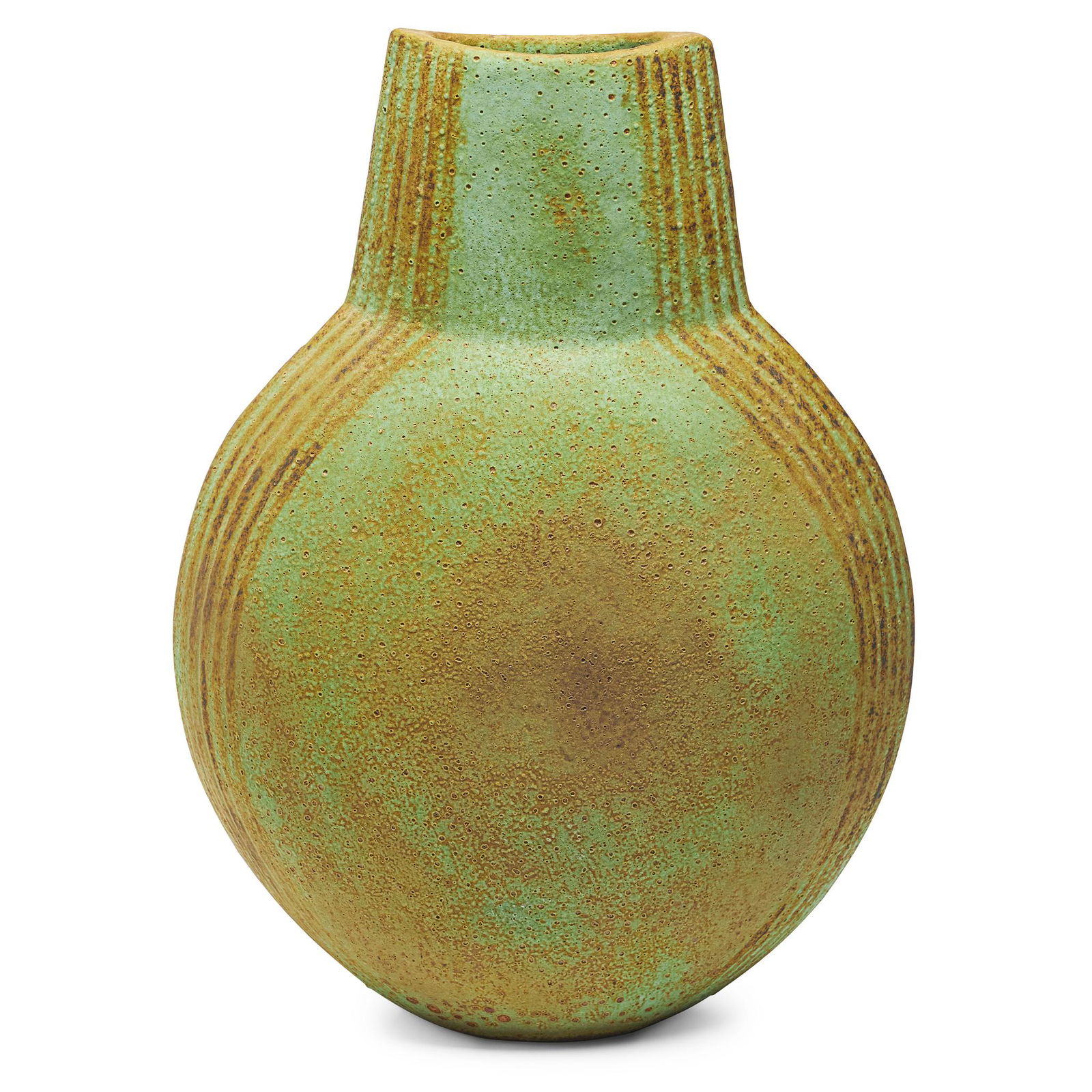 Â§ JOHN WARD (BRITISH 1938-) VESSEL: impressed artist's seal, matt green pitted glaze (Dimensions: 31cm high, 22cm wide (12.2in high, 8.65in wide))(31cm high, 22cm wide (12.2in high, 8.65in wide))