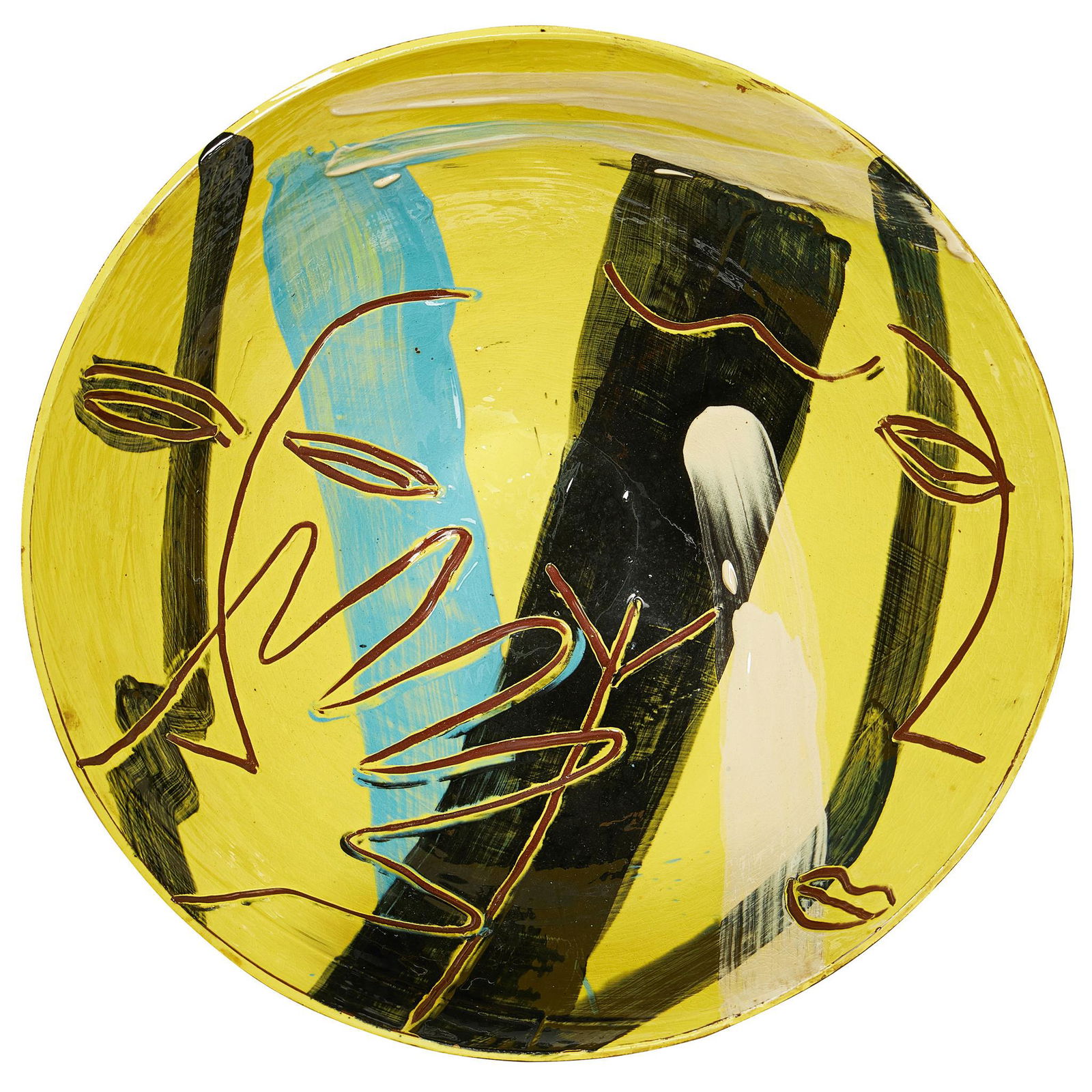 Â§ BRUCE MCLEAN (BRITISH 1944-) BOWL, 1986: signed 'Bruce McLean 1986', glazed earthenware with sgraffito, Anthony D'Offay paper label (Dimensions: 45.7cm diameter, 14cm high (18in diameter, 5.5in high))(45.7cm diameter, 14cm high (18in diamete