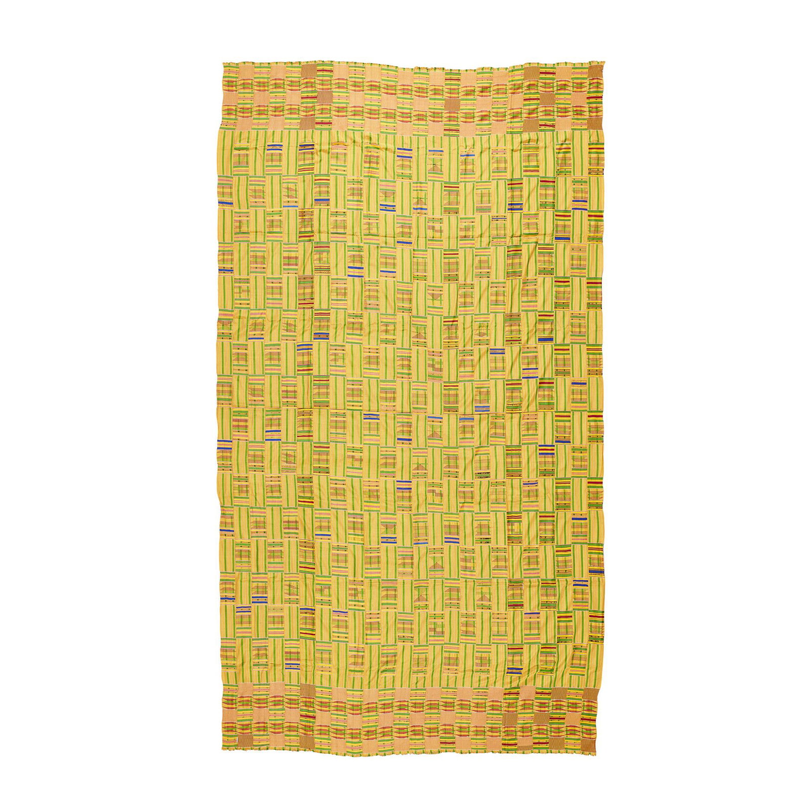ASHANTI KENTE CLOTH GHANA: ASHANTI KENTE CLOTH GHANA dyed silk and cotton fabric, strip woven with weft float geometric motifs (336cm x 230cm) Footnote: Provenance: The Keir McGuinness Collection of African Textiles