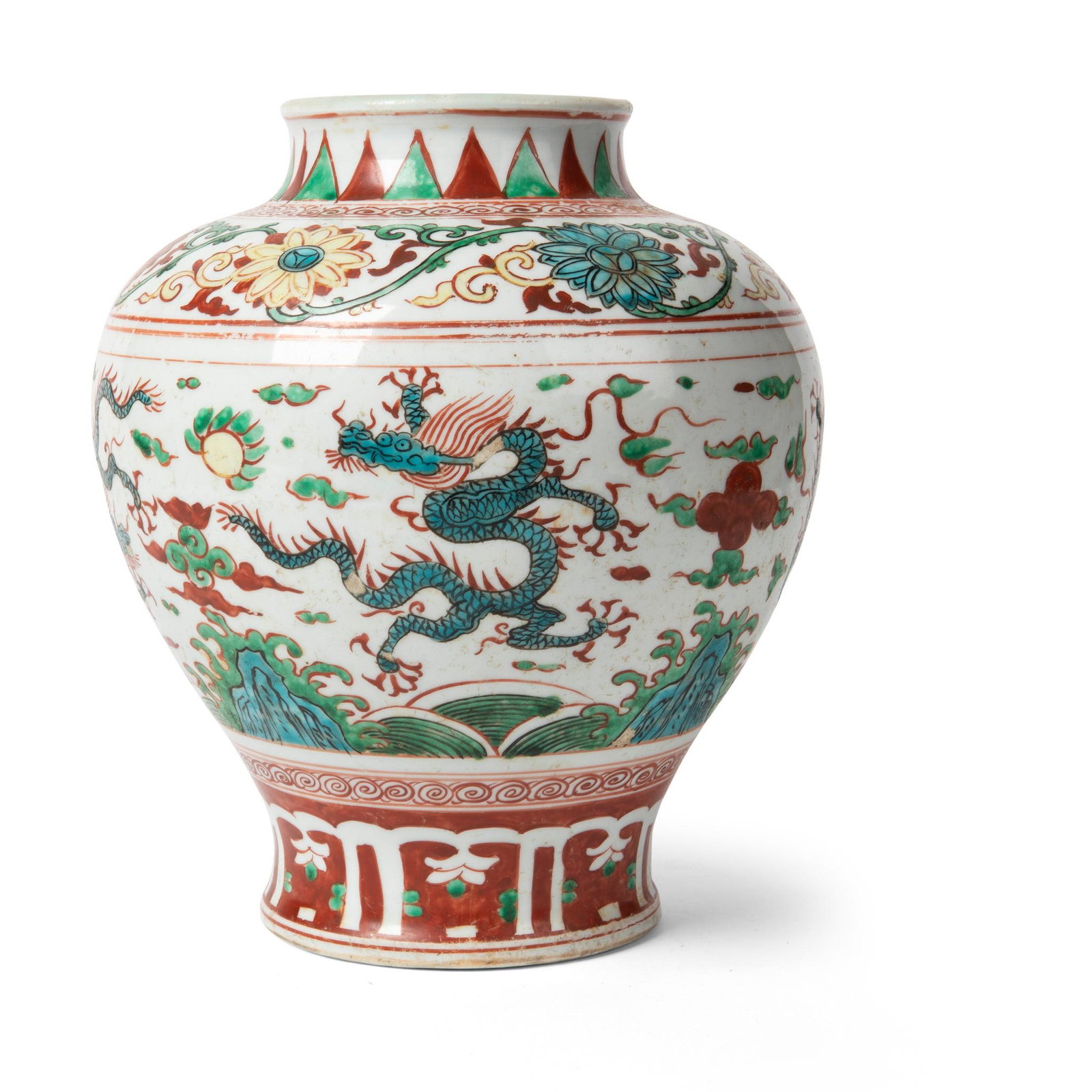 WUCAI 'DRAGON' JAR JIAJING MARK BUT LATER: WUCAI 'DRAGON' JAR JIAJING MARK BUT LATER 嘉靖款 五彩龍紋罐 the bulbous body supported on a slightly splayed foot and terminating into an everted mouth 