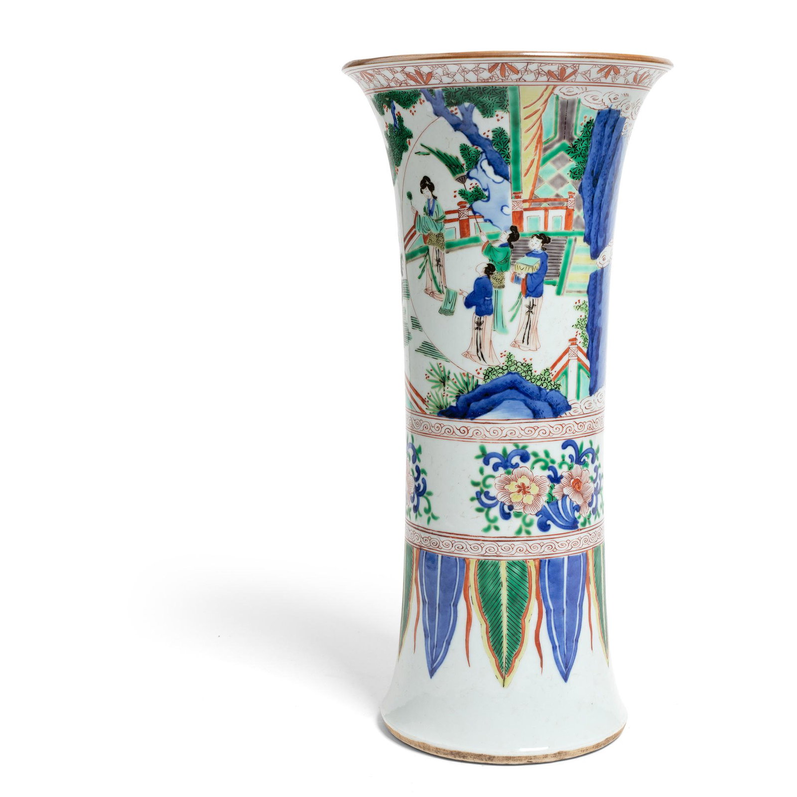 WUCAI BEAKER VASE QING DYNASTY, 19TH CENTURY: WUCAI BEAKER VASE QING DYNASTY, 19TH CENTURY 清 五彩人物紋花觚 of gu form, the body brightly painted with a court lady accompanied by her attendants in 
